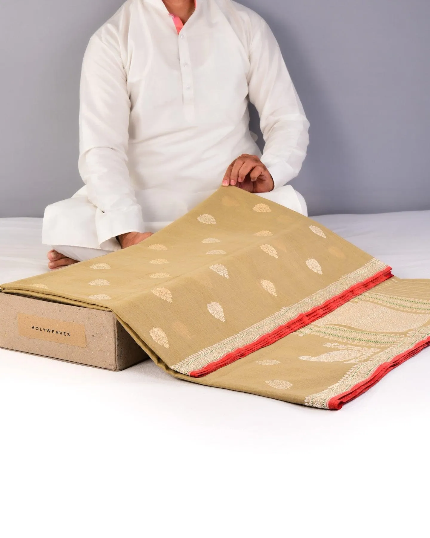 Beige Banarasi Ektara Buti Kadhuan Brocade Handloom Cotton Saree