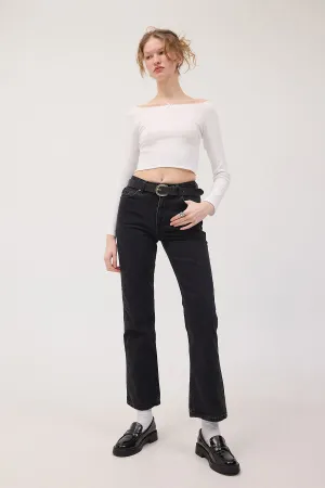 Boat Neck Long Sleeve Crop Blouse