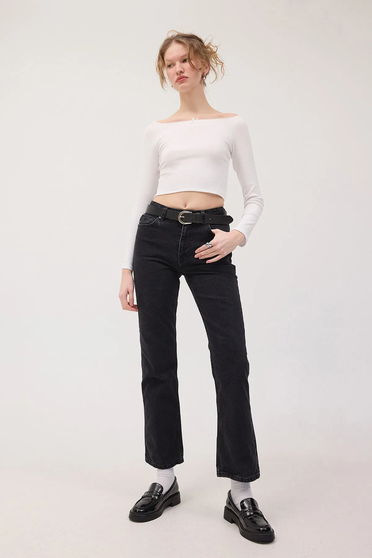 Boat Neck Long Sleeve Crop Blouse