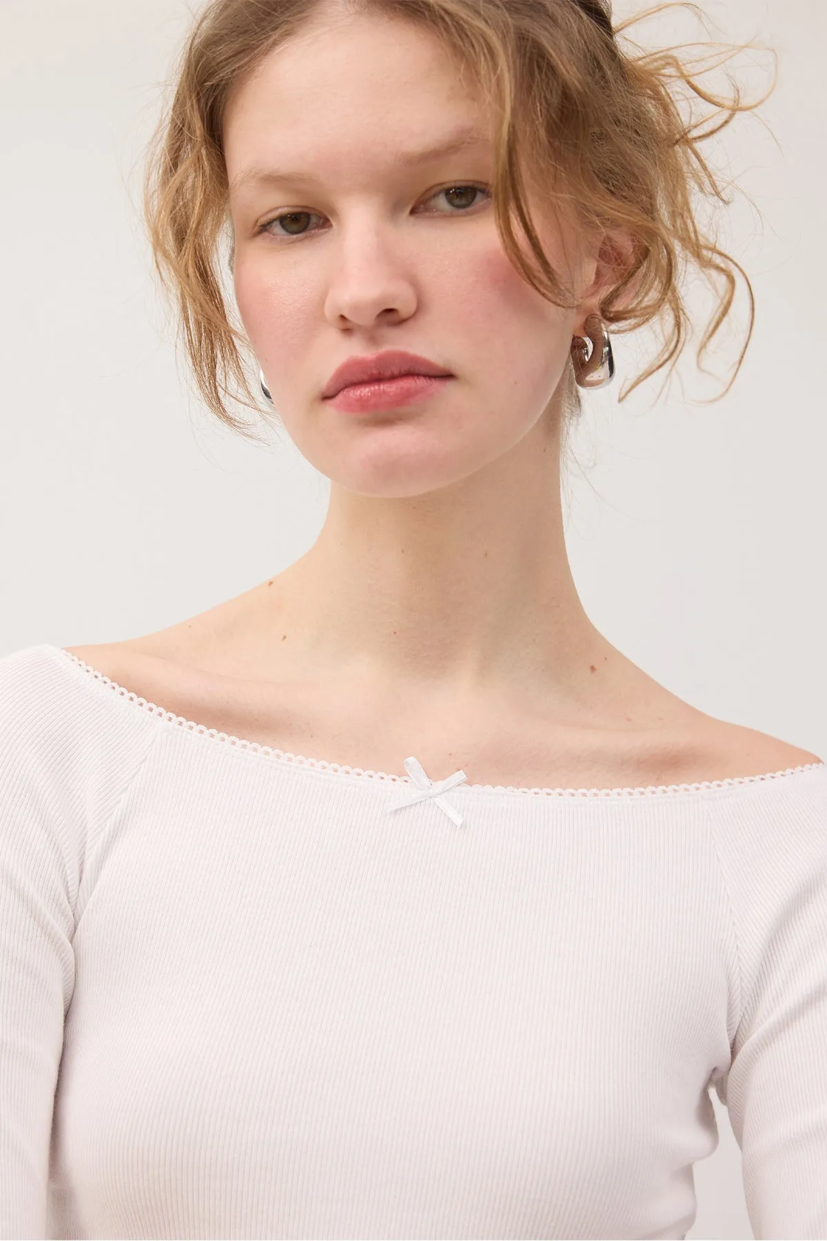 Boat Neck Long Sleeve Crop Blouse
