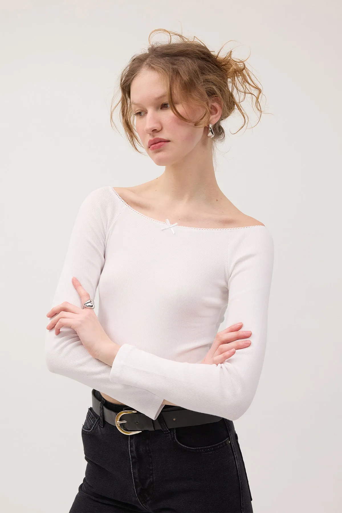 Boat Neck Long Sleeve Crop Blouse