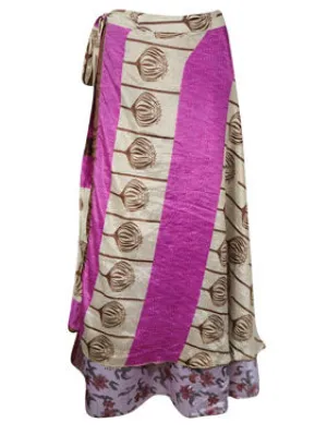 Bohemian Long Wrap Skirt Pink Printed Sari Wrapskirts, Onesize