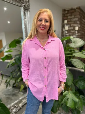 Candy Pink Cotton Button Sleeve Blouse Katie