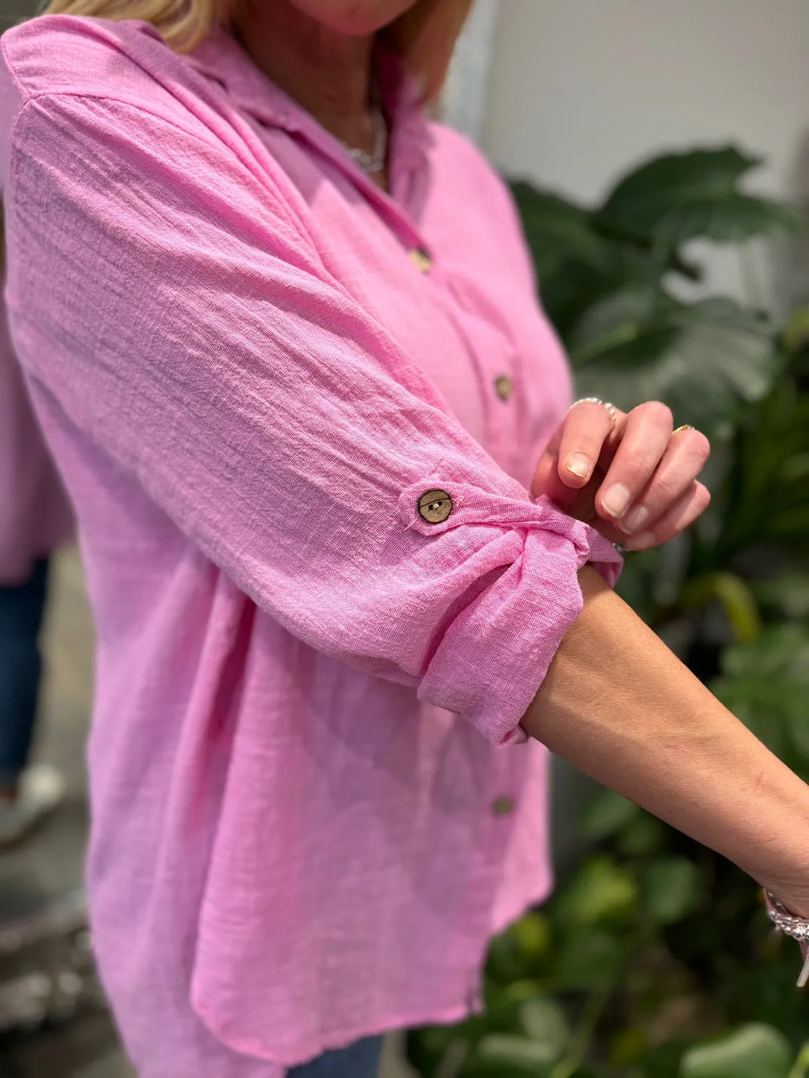 Candy Pink Cotton Button Sleeve Blouse Katie