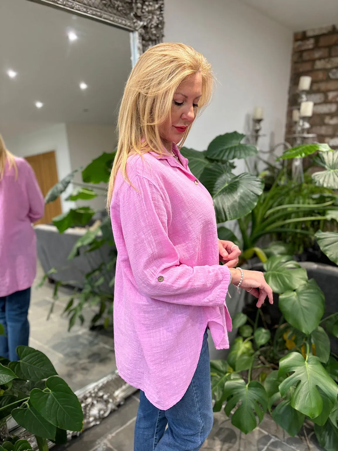 Candy Pink Cotton Button Sleeve Blouse Katie