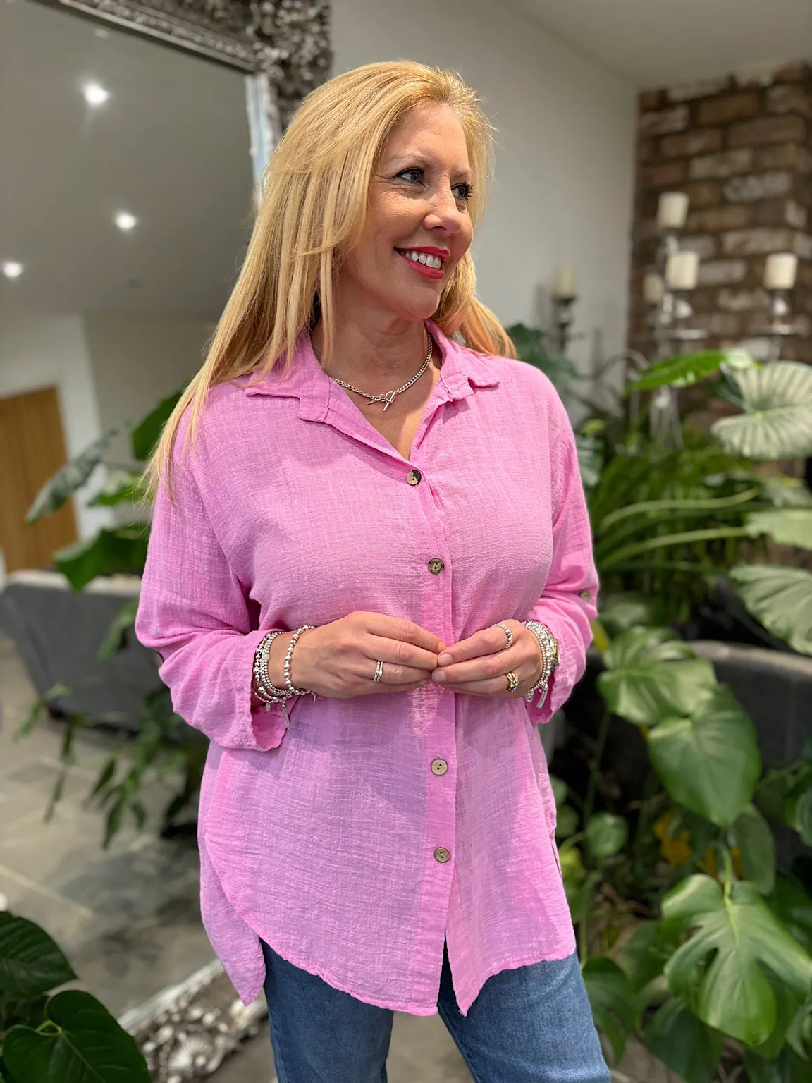 Candy Pink Cotton Button Sleeve Blouse Katie