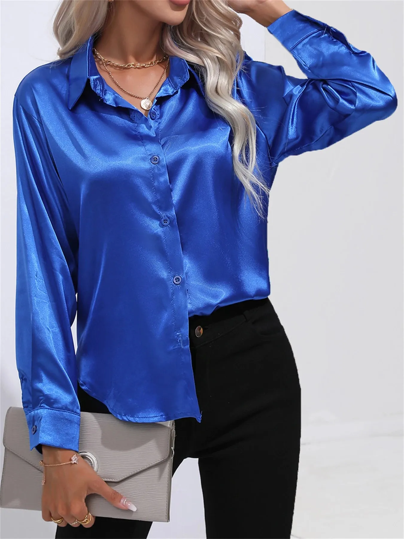 Casual Solid Smoothly Button Front Turn Down Collar Long Sleeve Blouse