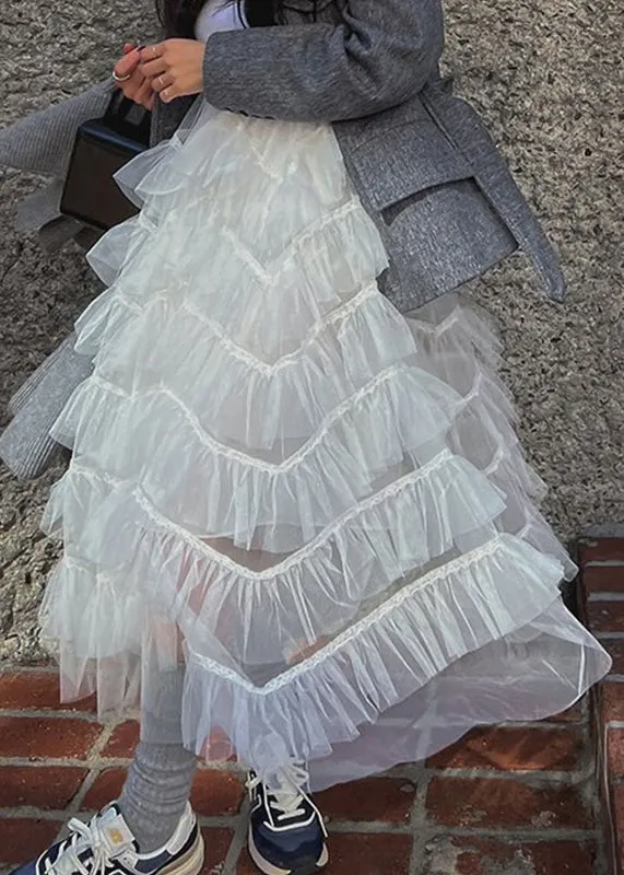 Chic White Ruffles Patchwork High Waist Tulle Skirt Summer LY2701