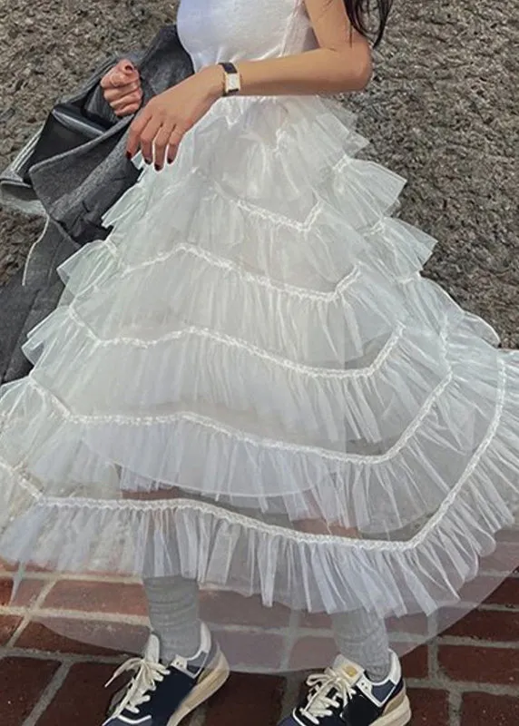 Chic White Ruffles Patchwork High Waist Tulle Skirt Summer LY2701