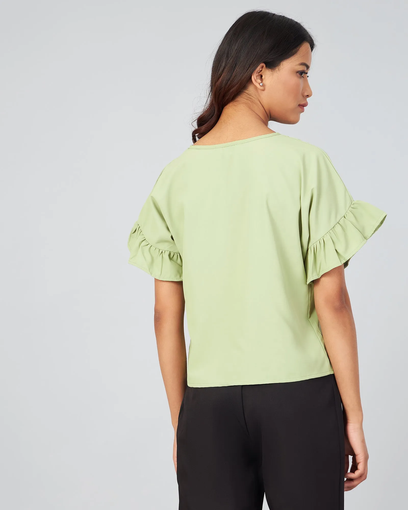 Chimpaaanzee Women  Green Solid V-Round Ruffled Sleeve Top