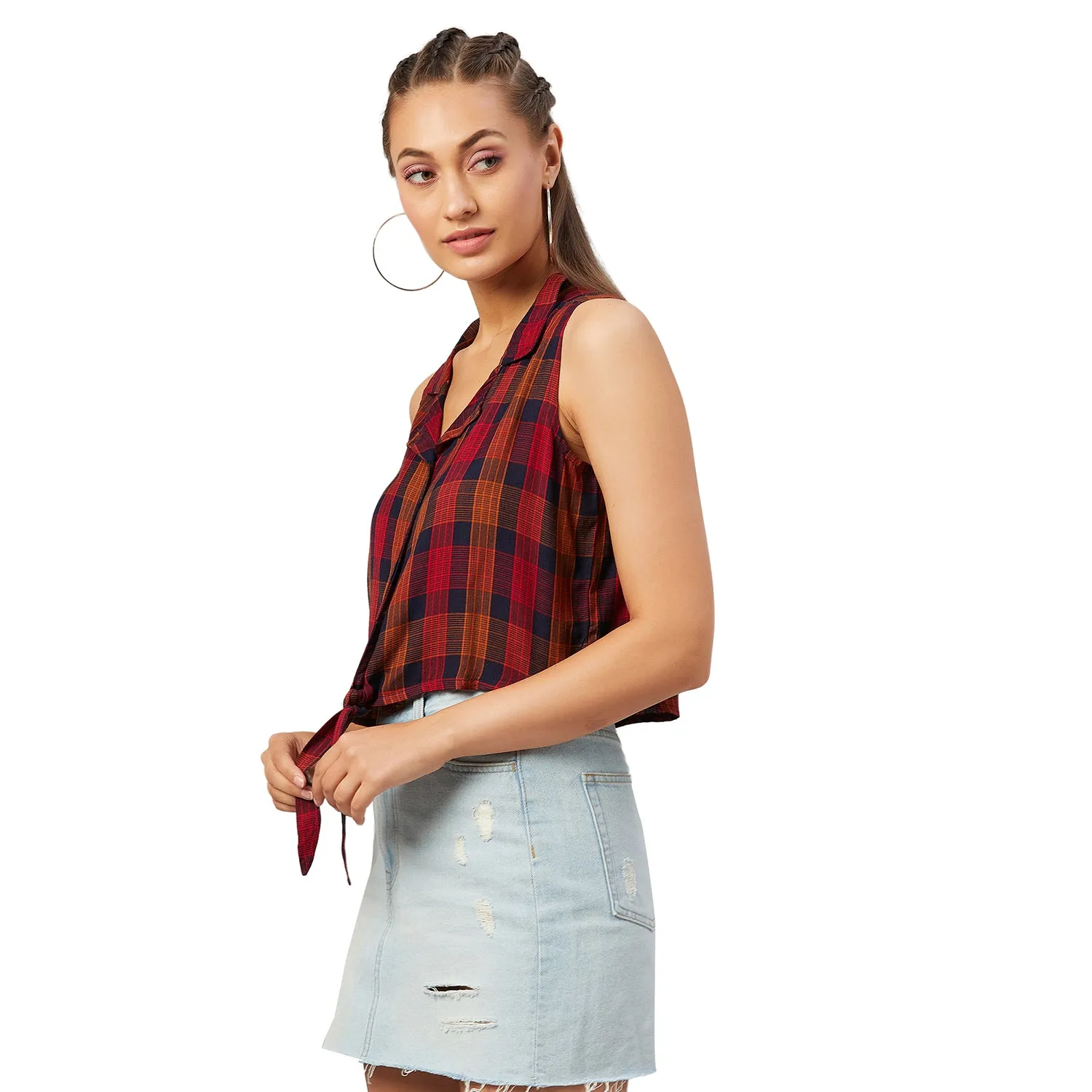 Chimpaaanzee Women Orange Checkered Viscose Knotted Crop Top