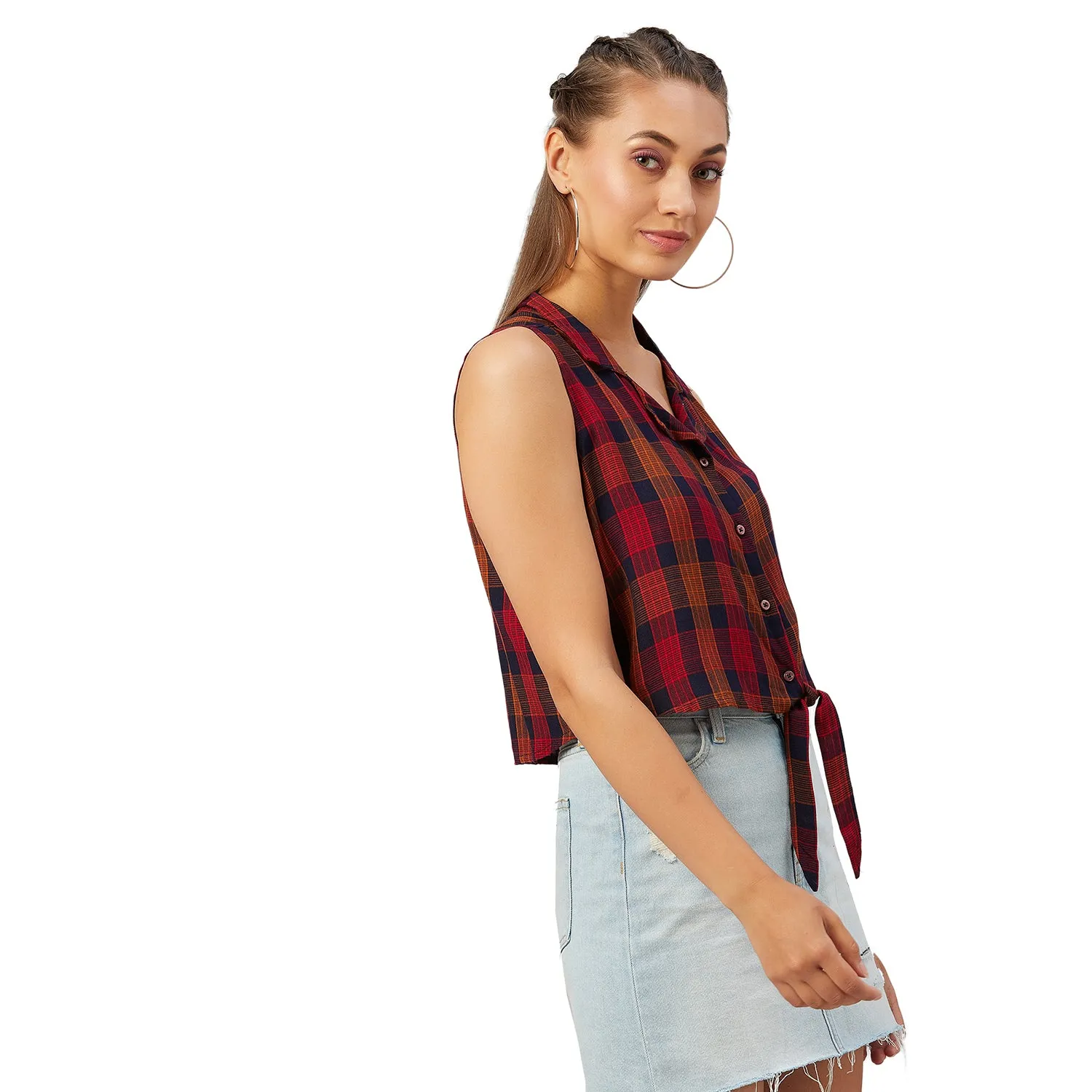 Chimpaaanzee Women Orange Checkered Viscose Knotted Crop Top