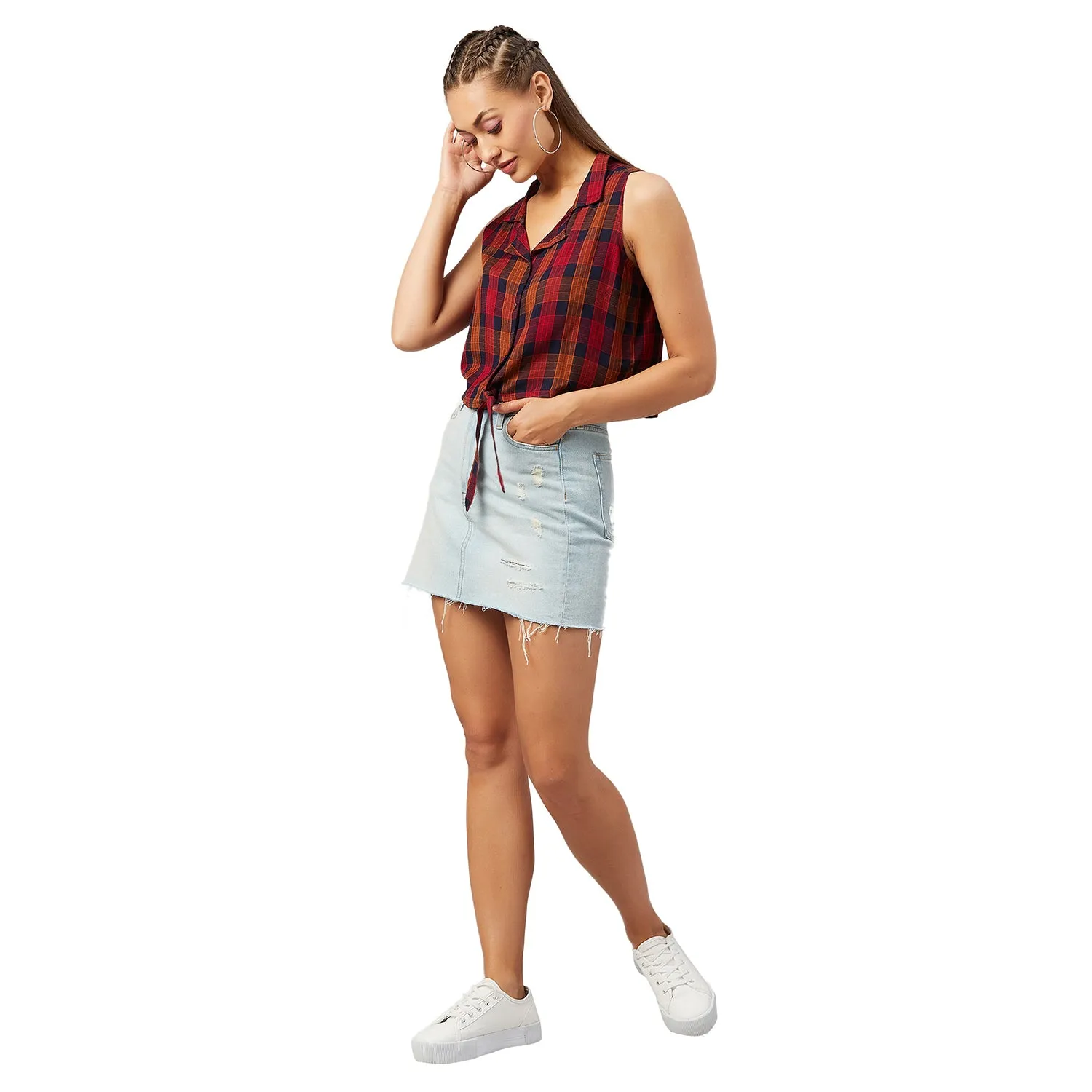 Chimpaaanzee Women Orange Checkered Viscose Knotted Crop Top