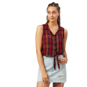 Chimpaaanzee Women Orange Checkered Viscose Knotted Crop Top