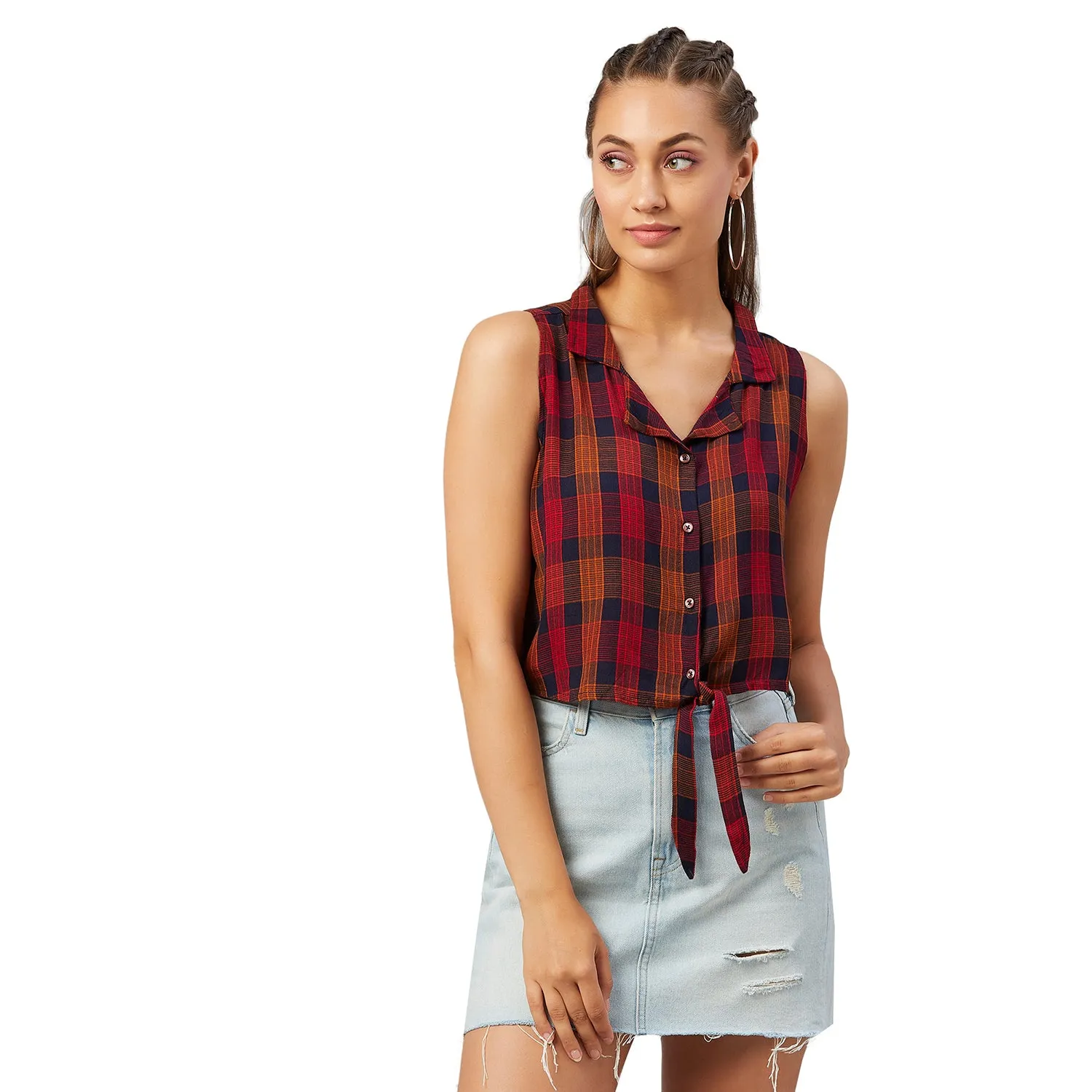 Chimpaaanzee Women Orange Checkered Viscose Knotted Crop Top
