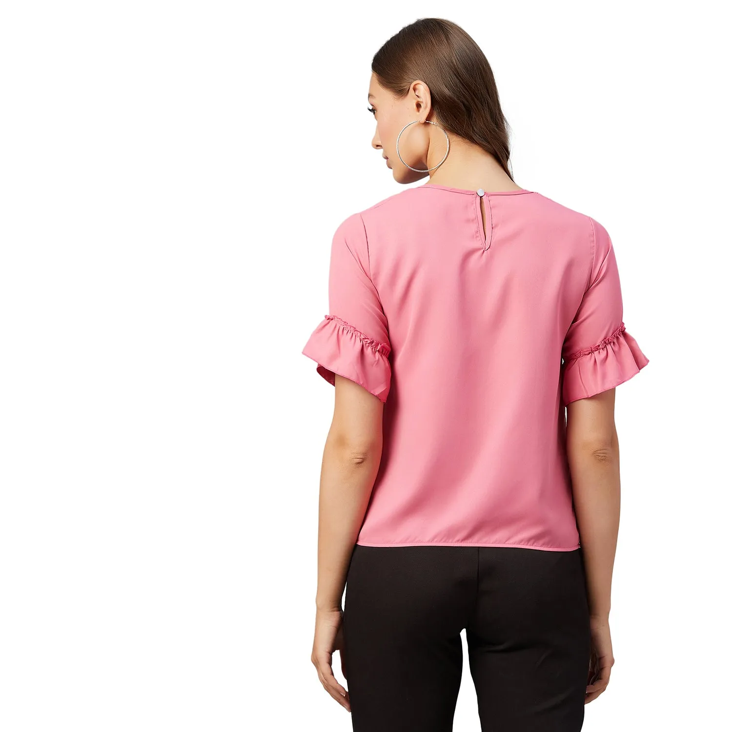 Chimpaaanzee Women Pink Solid Ruffled sleeve Top