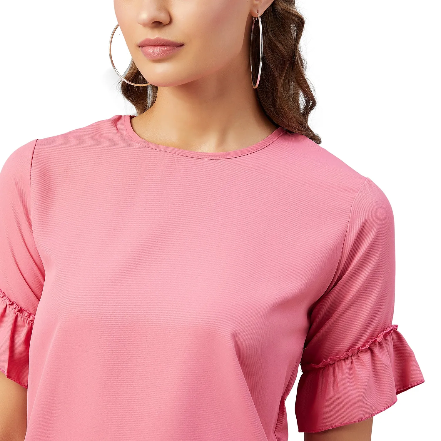 Chimpaaanzee Women Pink Solid Ruffled sleeve Top