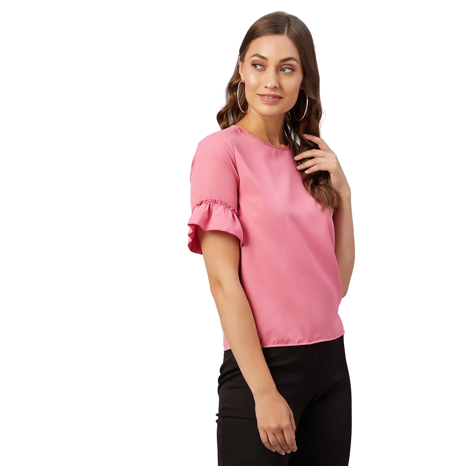 Chimpaaanzee Women Pink Solid Ruffled sleeve Top