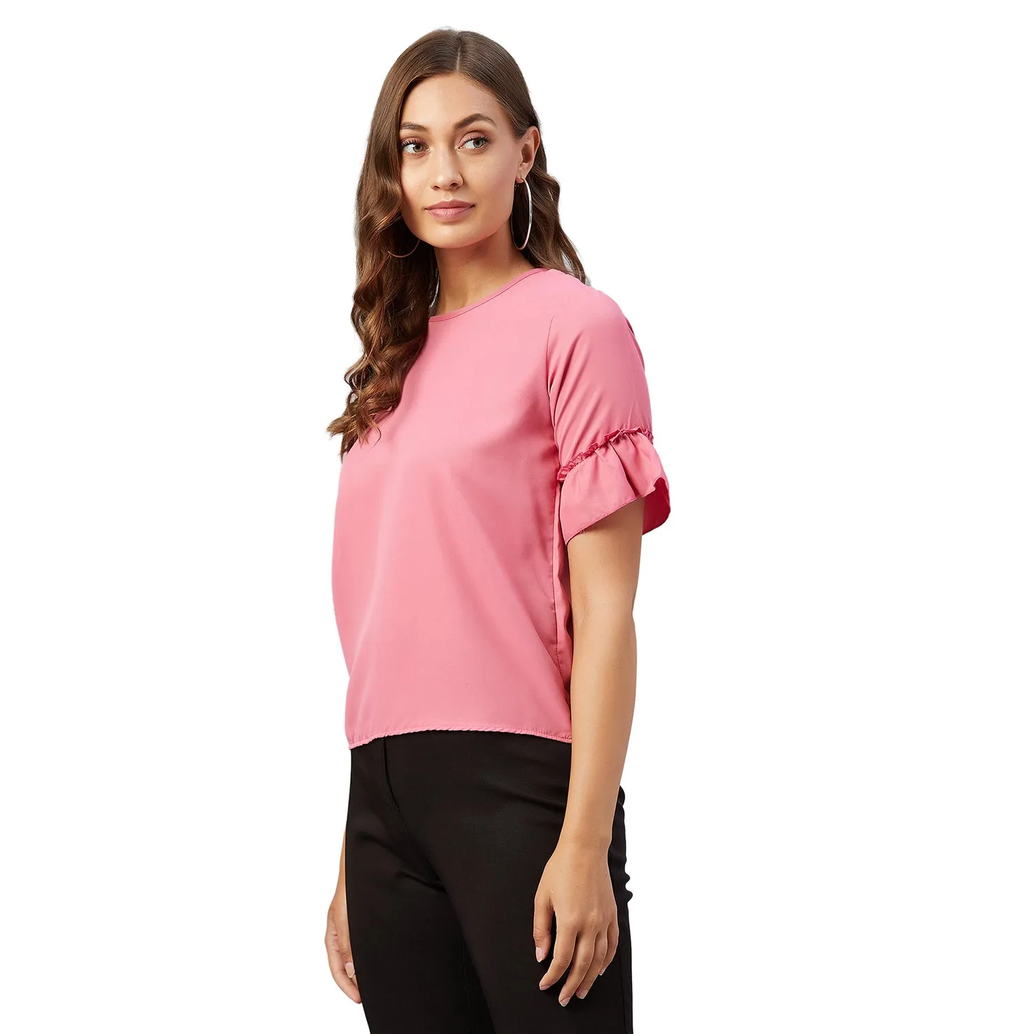 Chimpaaanzee Women Pink Solid Ruffled sleeve Top