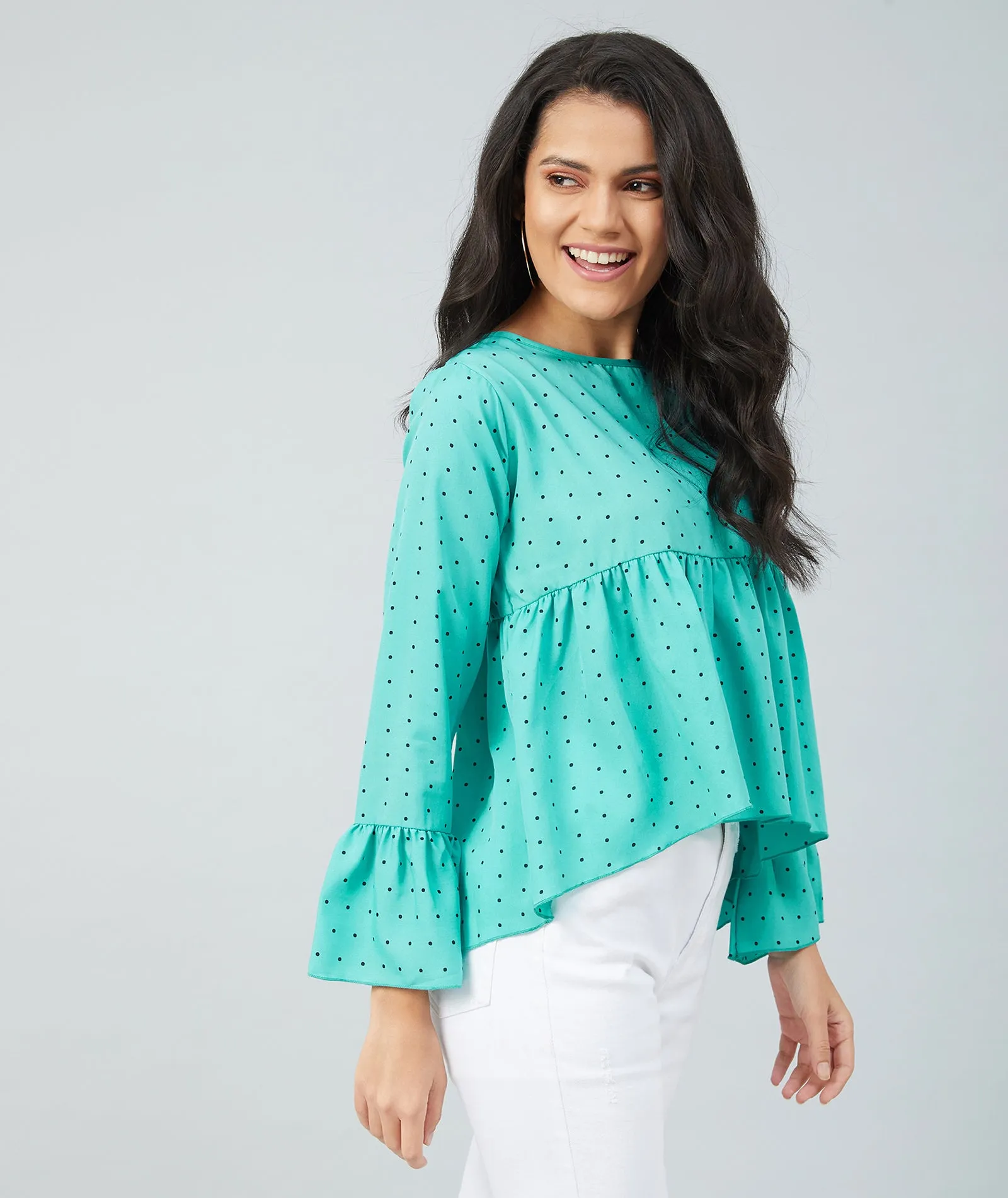 Chimpaaanzee women Rama Green Crepe Polka Doted Full Sleeve Top