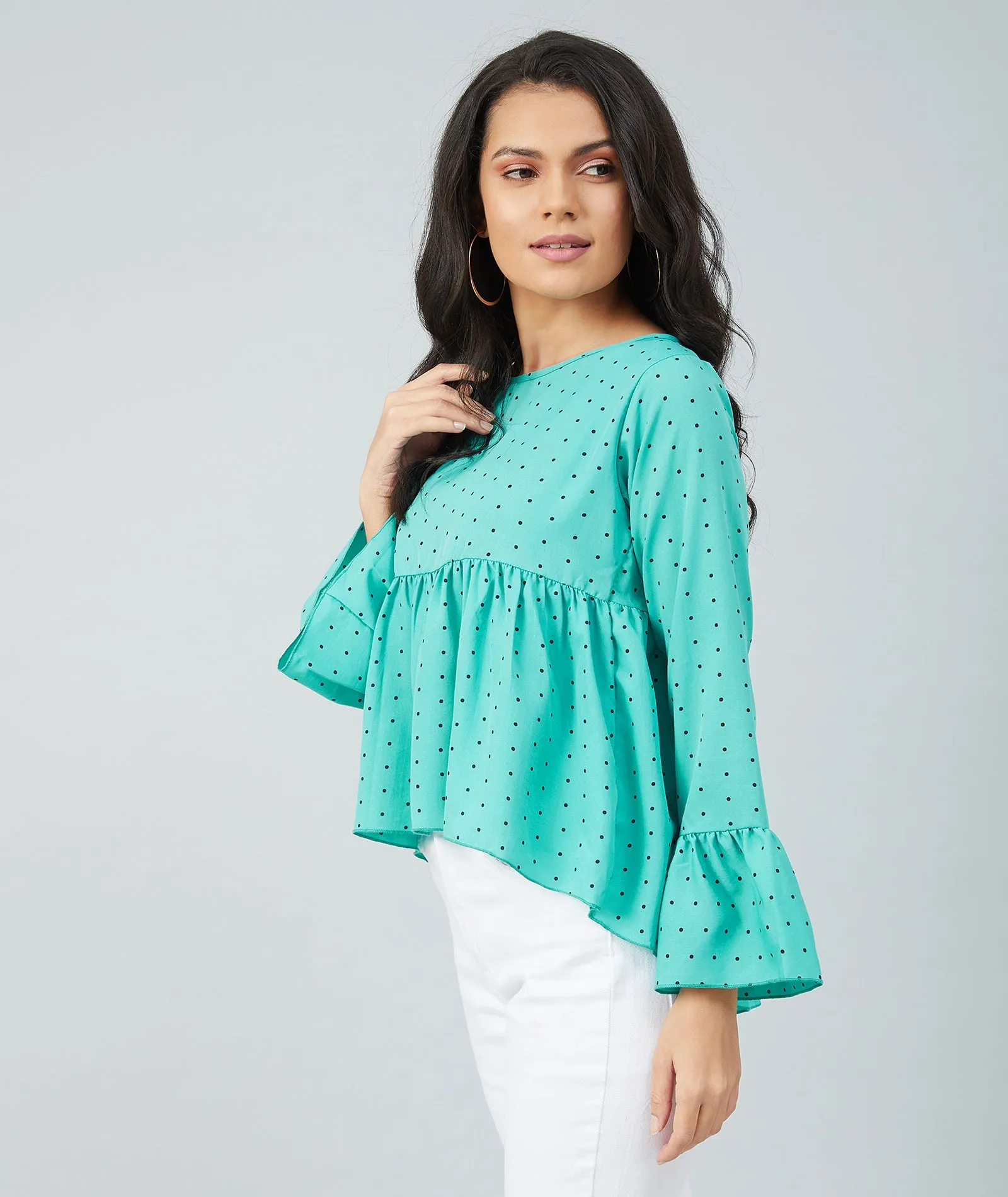 Chimpaaanzee women Rama Green Crepe Polka Doted Full Sleeve Top
