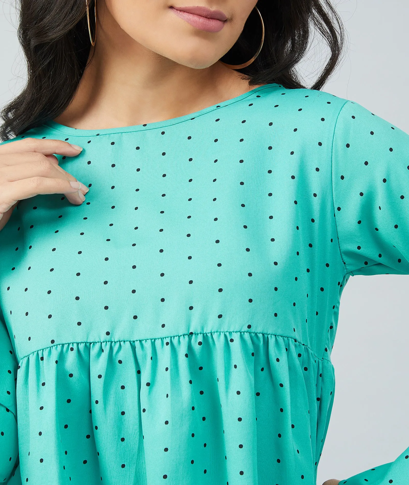 Chimpaaanzee women Rama Green Crepe Polka Doted Full Sleeve Top