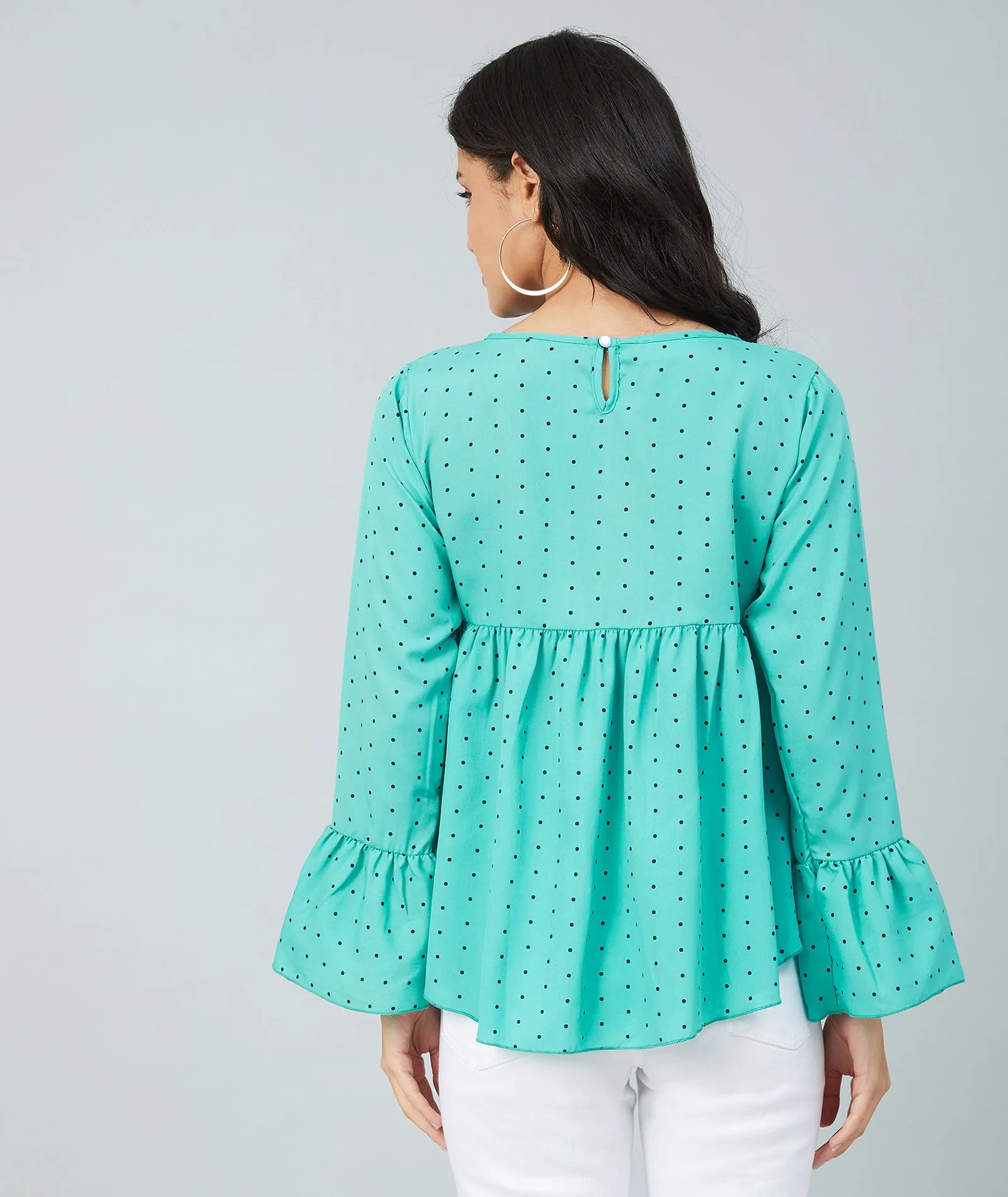 Chimpaaanzee women Rama Green Crepe Polka Doted Full Sleeve Top
