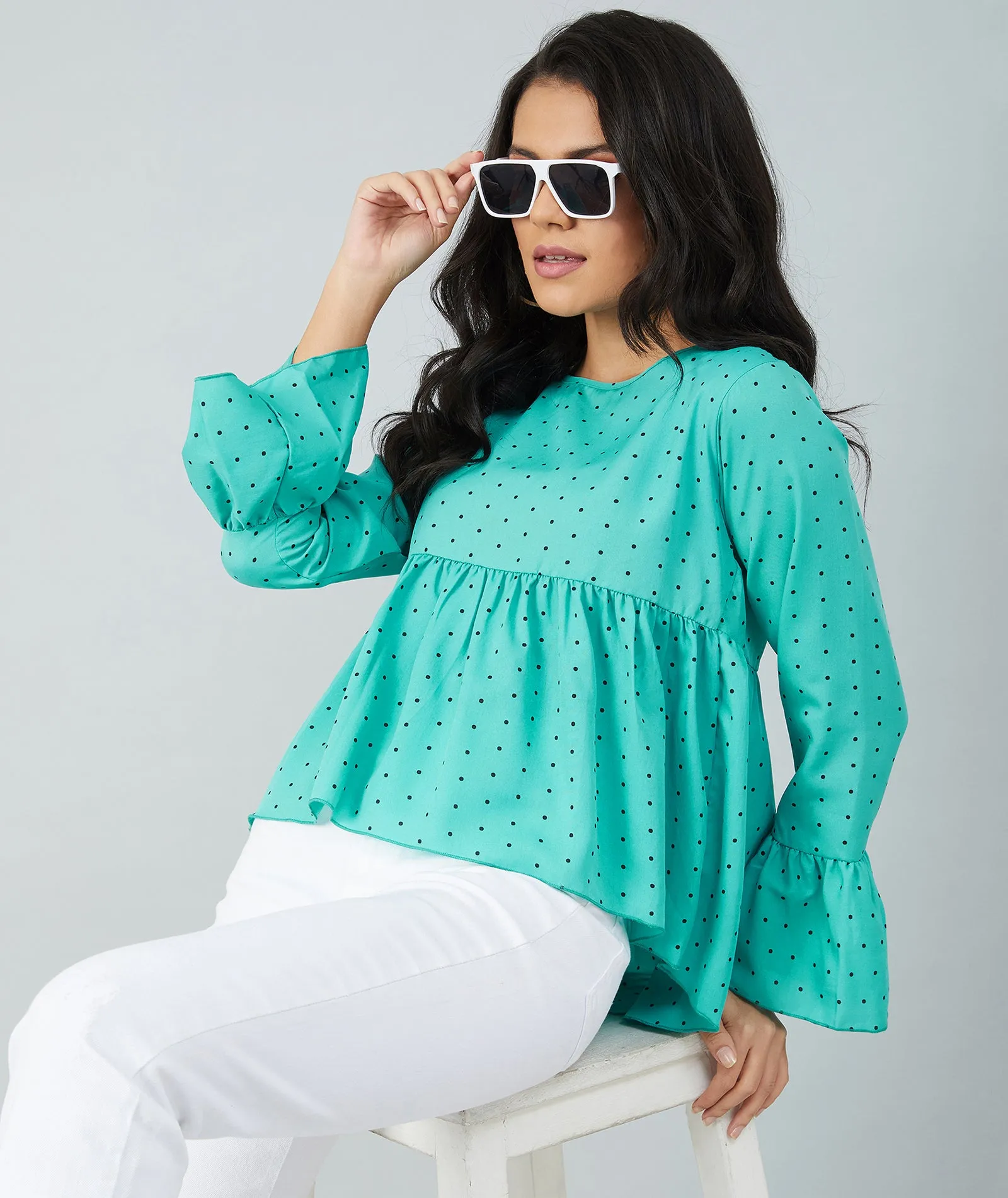 Chimpaaanzee women Rama Green Crepe Polka Doted Full Sleeve Top