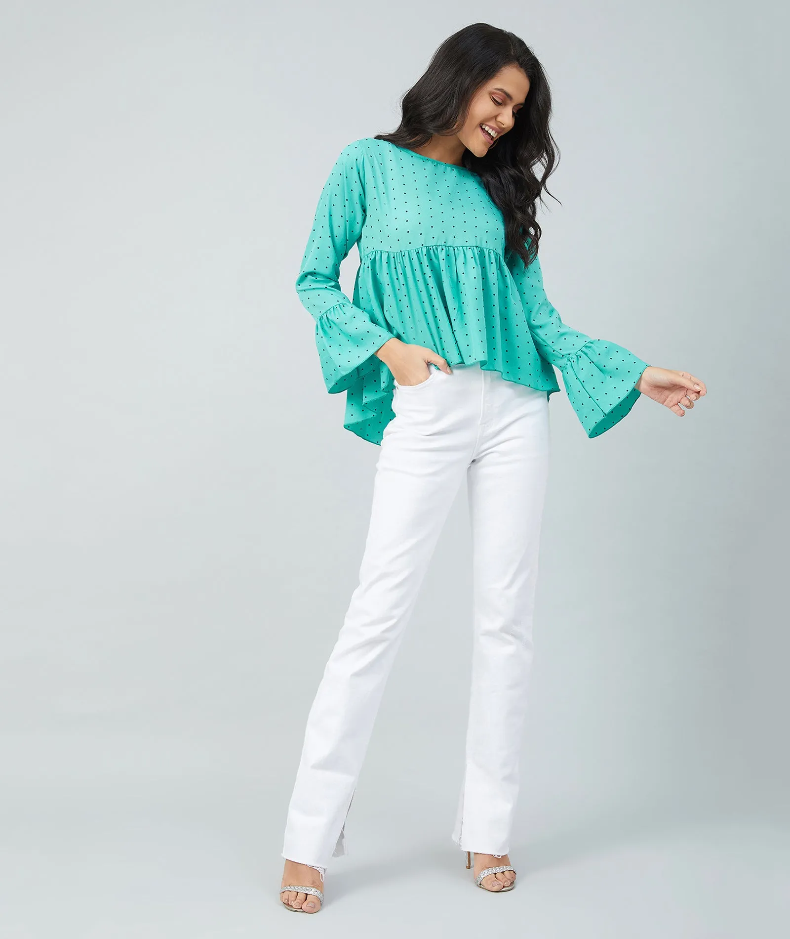 Chimpaaanzee women Rama Green Crepe Polka Doted Full Sleeve Top