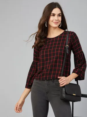 Chimpaaanzee Women Red and Black Checks Cold Shoulder Top