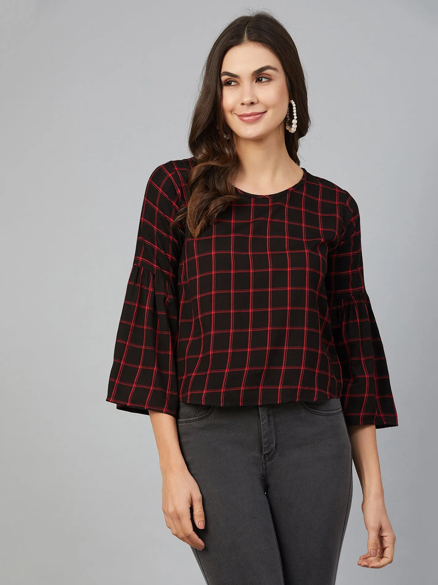 Chimpaaanzee Women Red and Black Checks Cold Shoulder Top