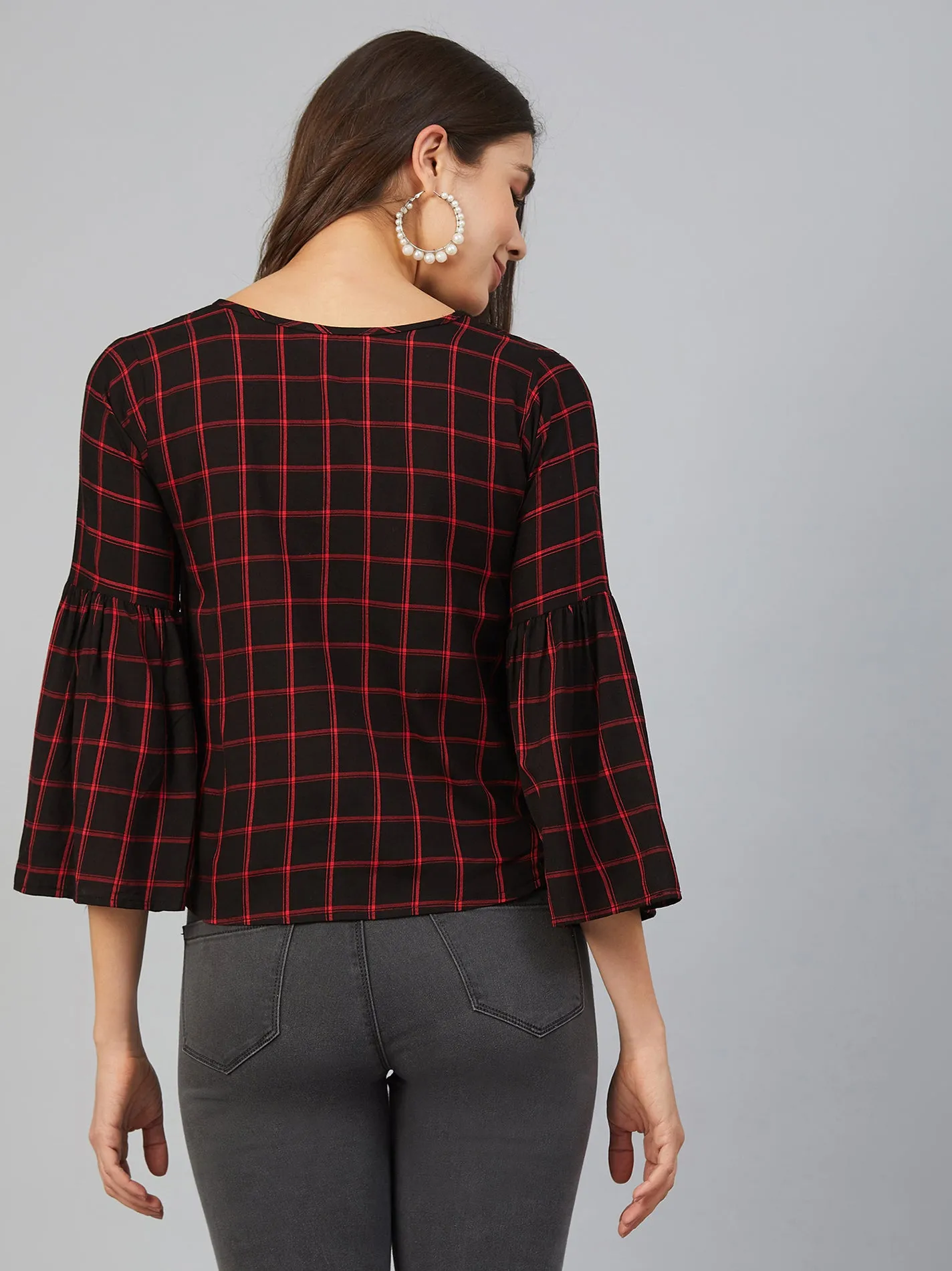 Chimpaaanzee Women Red and Black Checks Cold Shoulder Top