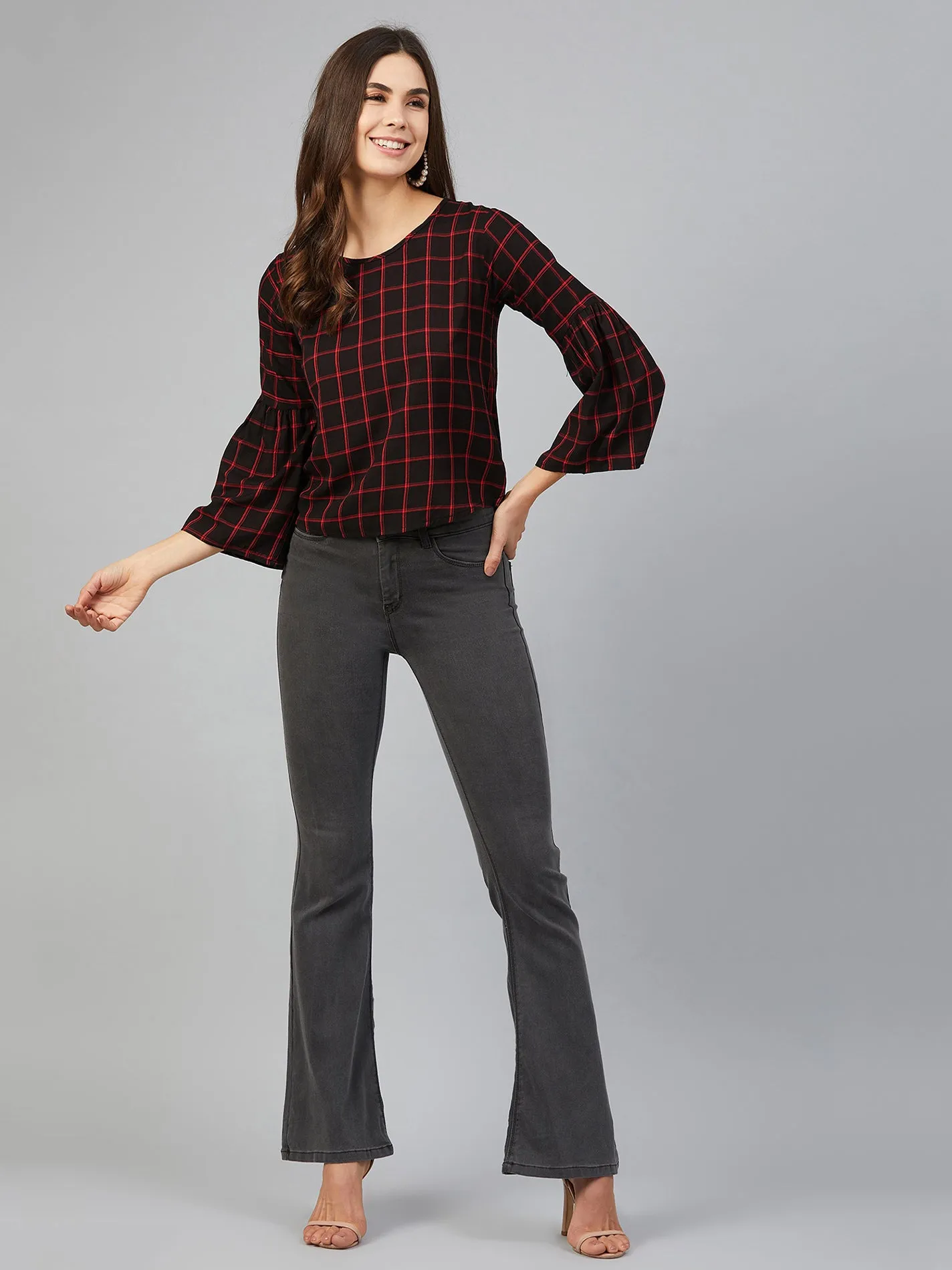 Chimpaaanzee Women Red and Black Checks Cold Shoulder Top