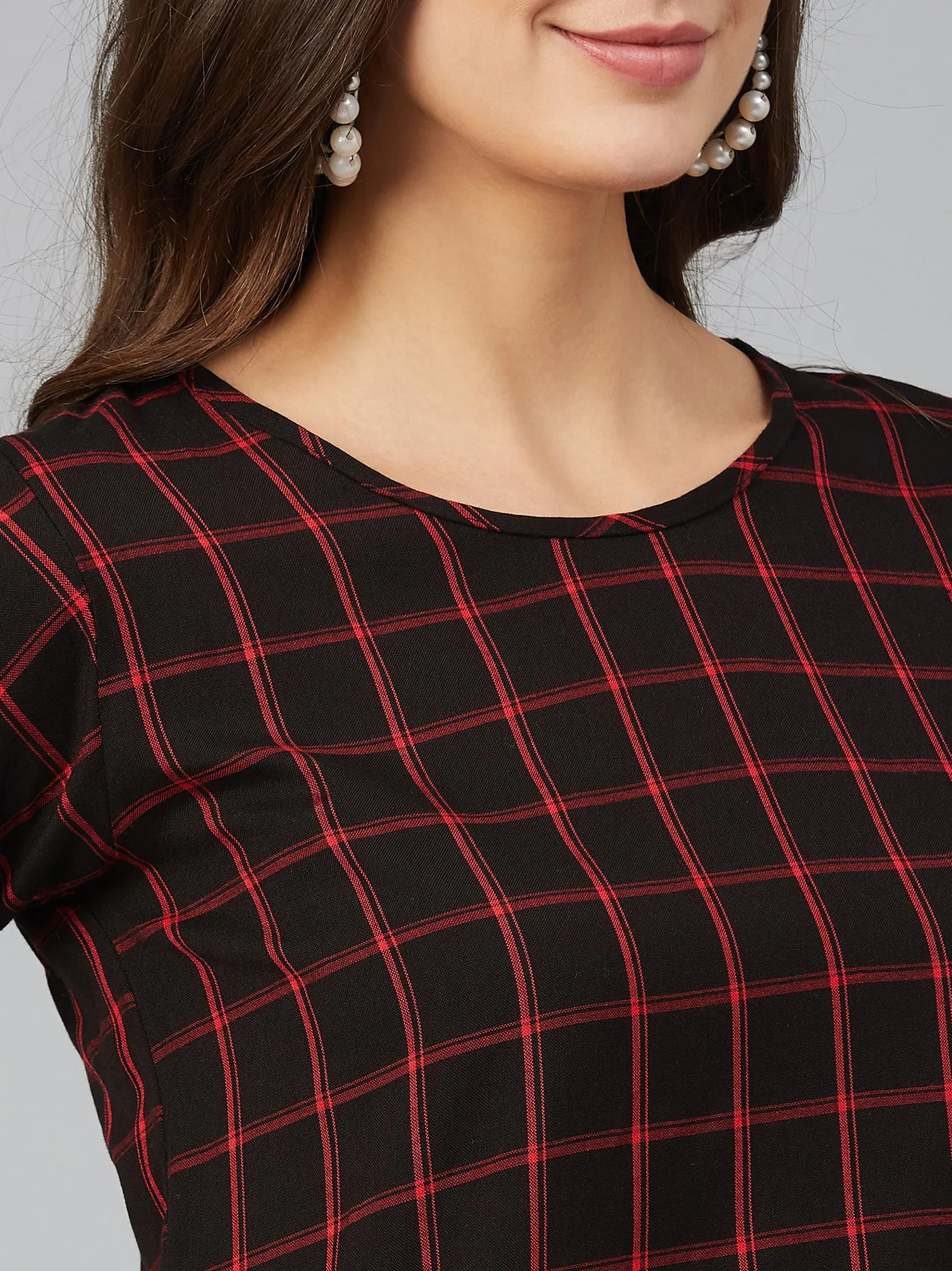 Chimpaaanzee Women Red and Black Checks Cold Shoulder Top