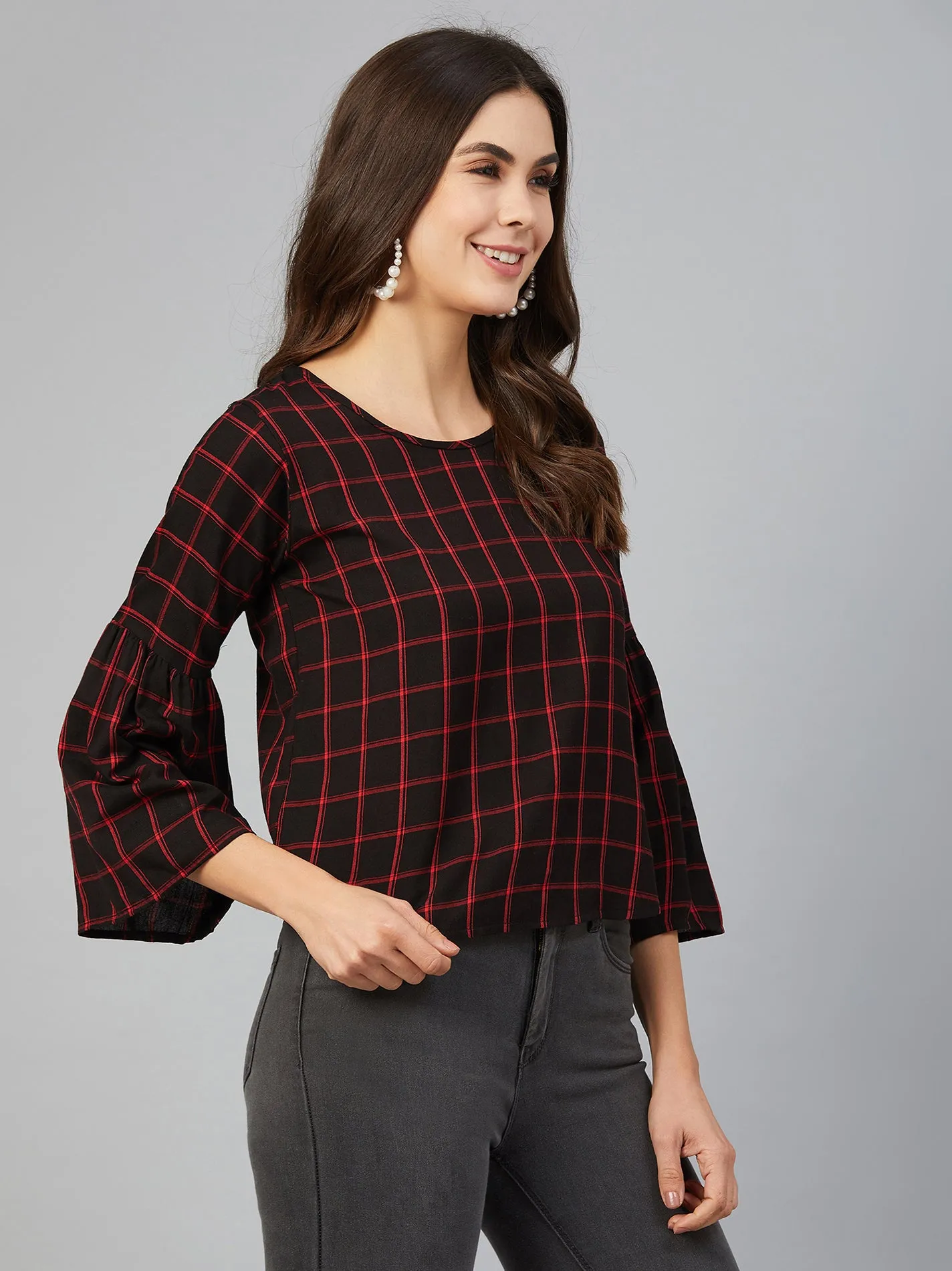 Chimpaaanzee Women Red and Black Checks Cold Shoulder Top