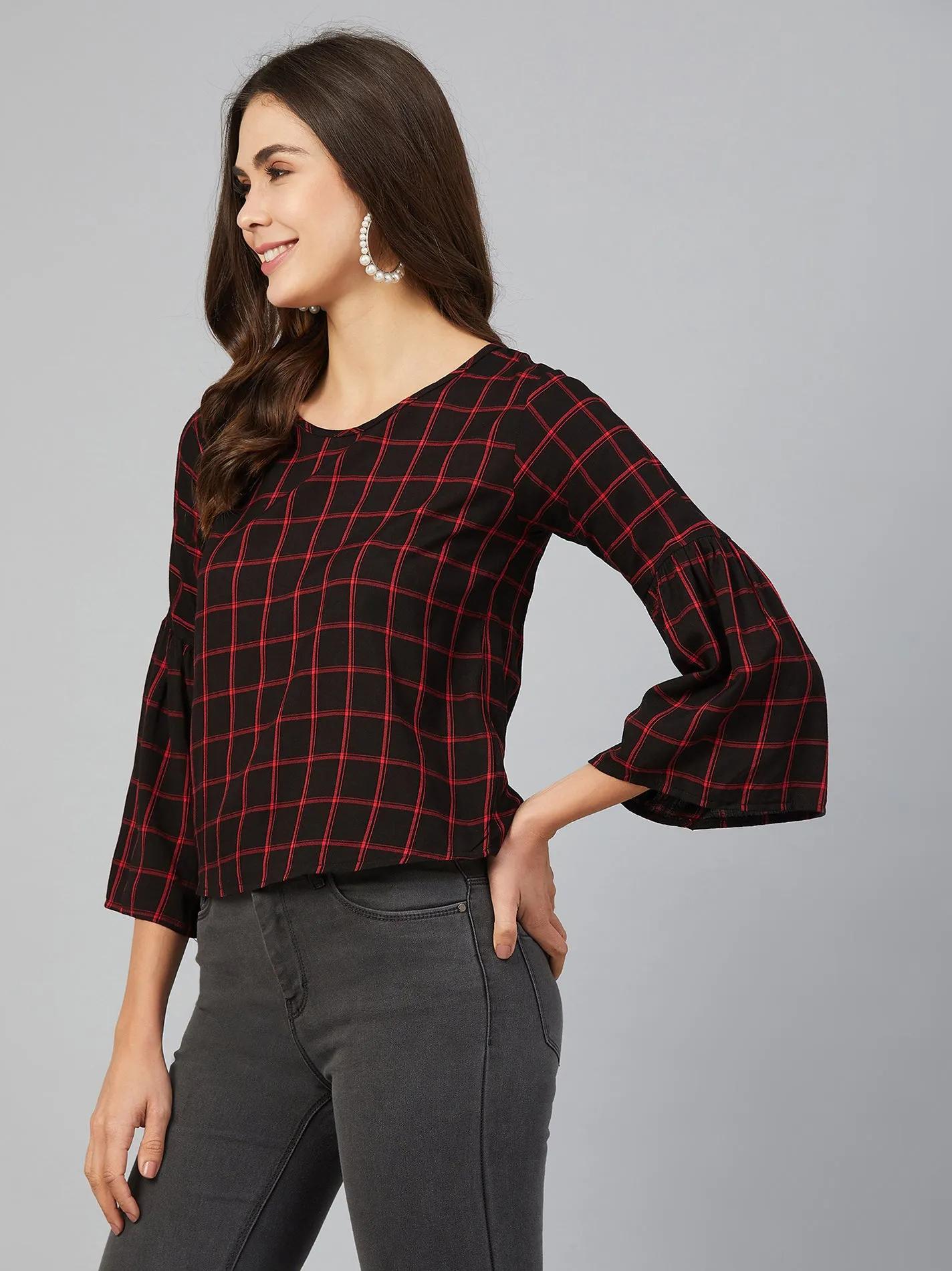 Chimpaaanzee Women Red and Black Checks Cold Shoulder Top