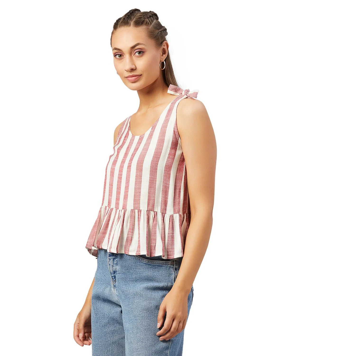 Chimpaaanzee Women Red Striped Viscose Ruffled Top