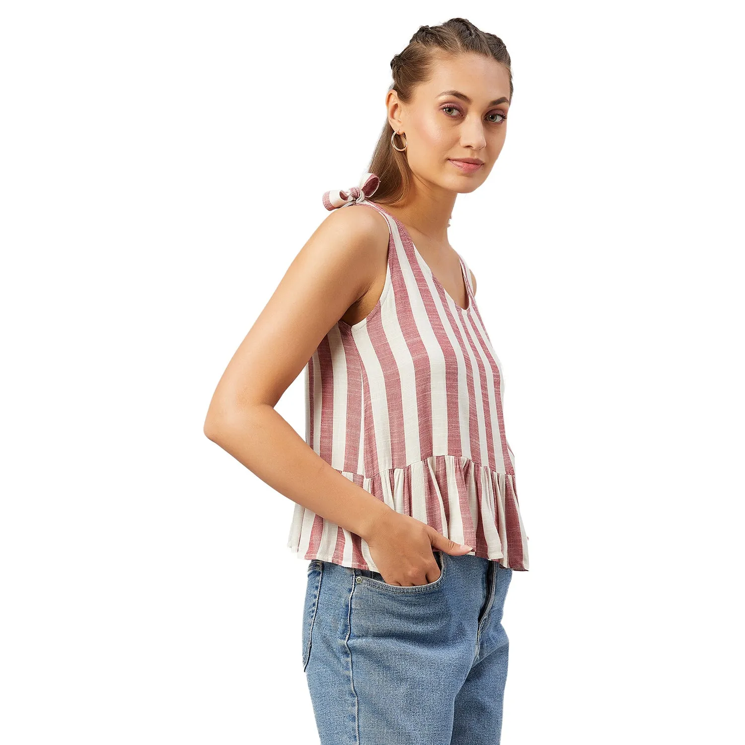 Chimpaaanzee Women Red Striped Viscose Ruffled Top