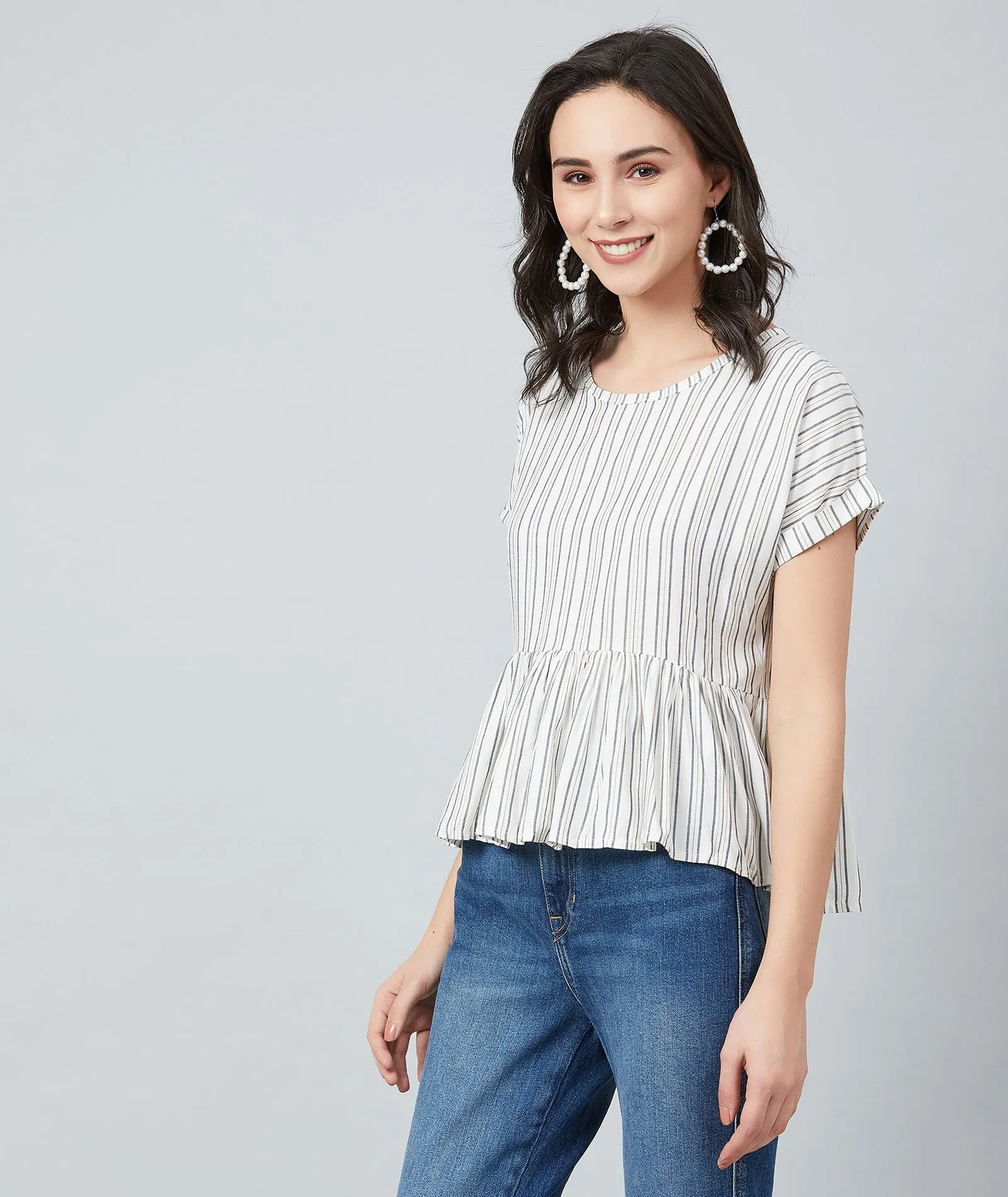 Chimpaaanzee Women White and Yellow Stripe Frill Style Top