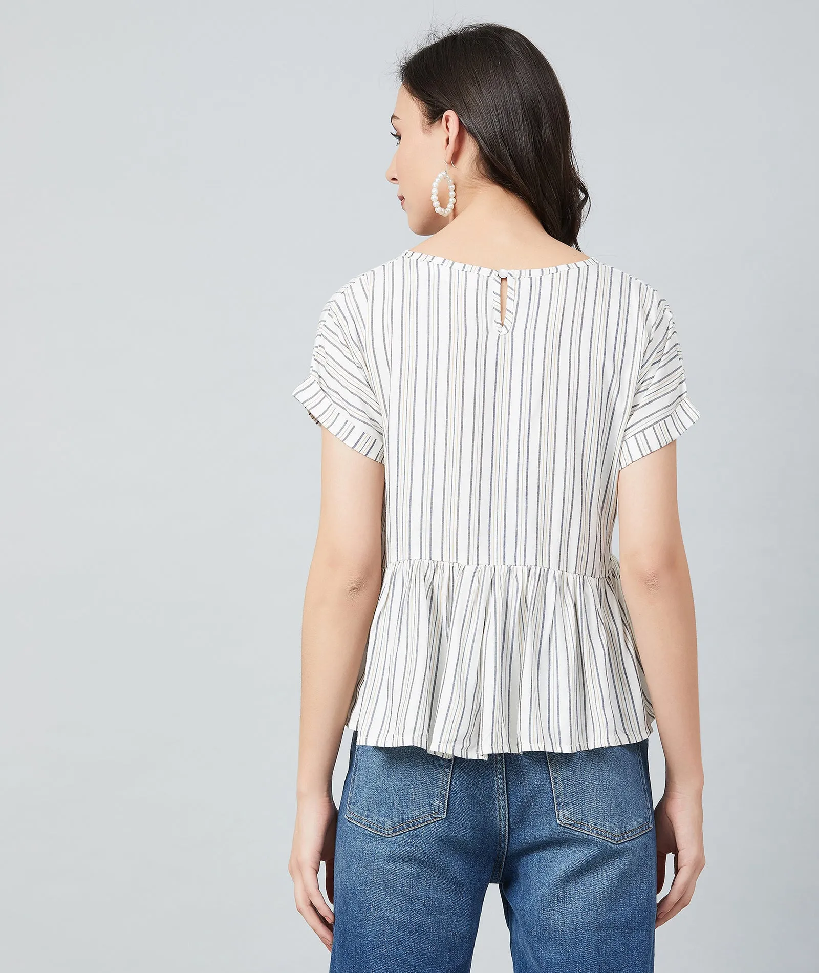 Chimpaaanzee Women White and Yellow Stripe Frill Style Top
