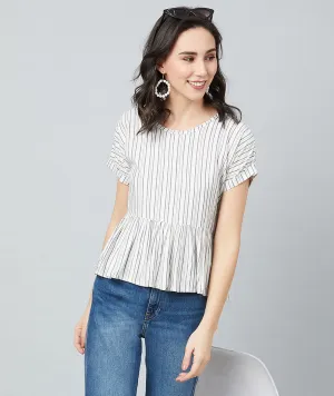 Chimpaaanzee Women White and Yellow Stripe Frill Style Top