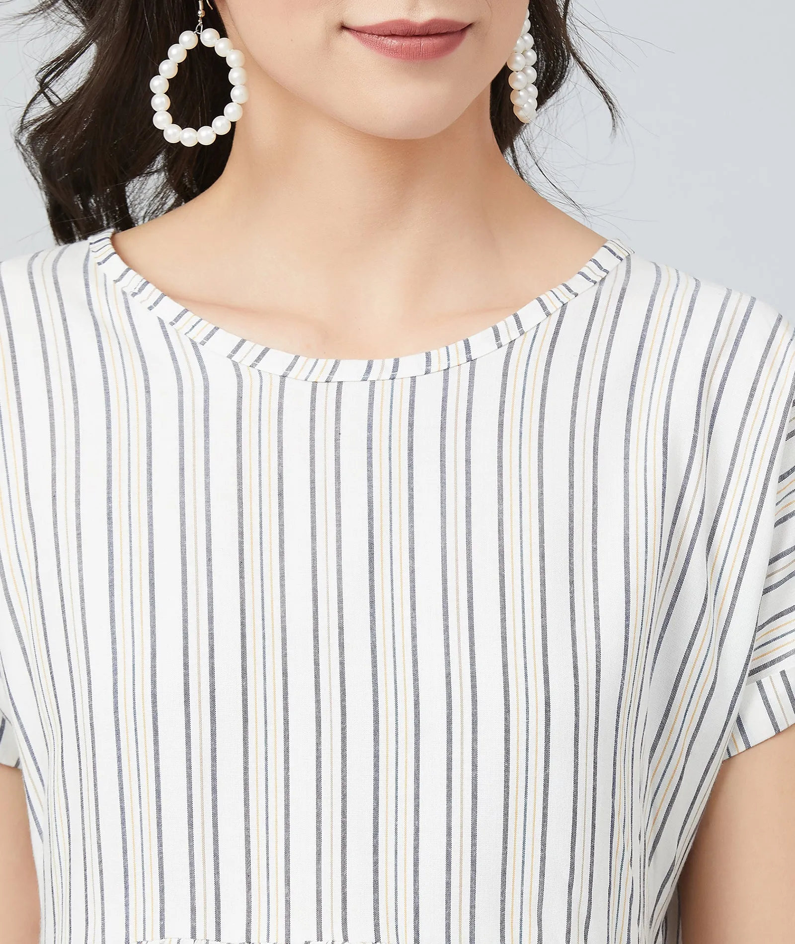 Chimpaaanzee Women White and Yellow Stripe Frill Style Top