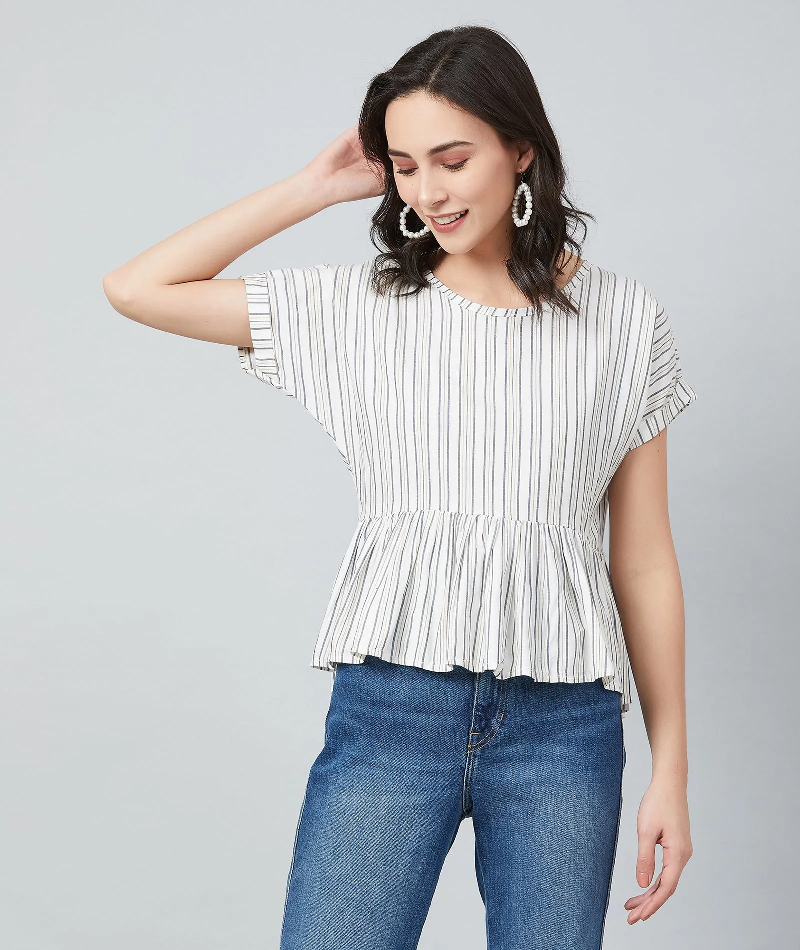 Chimpaaanzee Women White and Yellow Stripe Frill Style Top