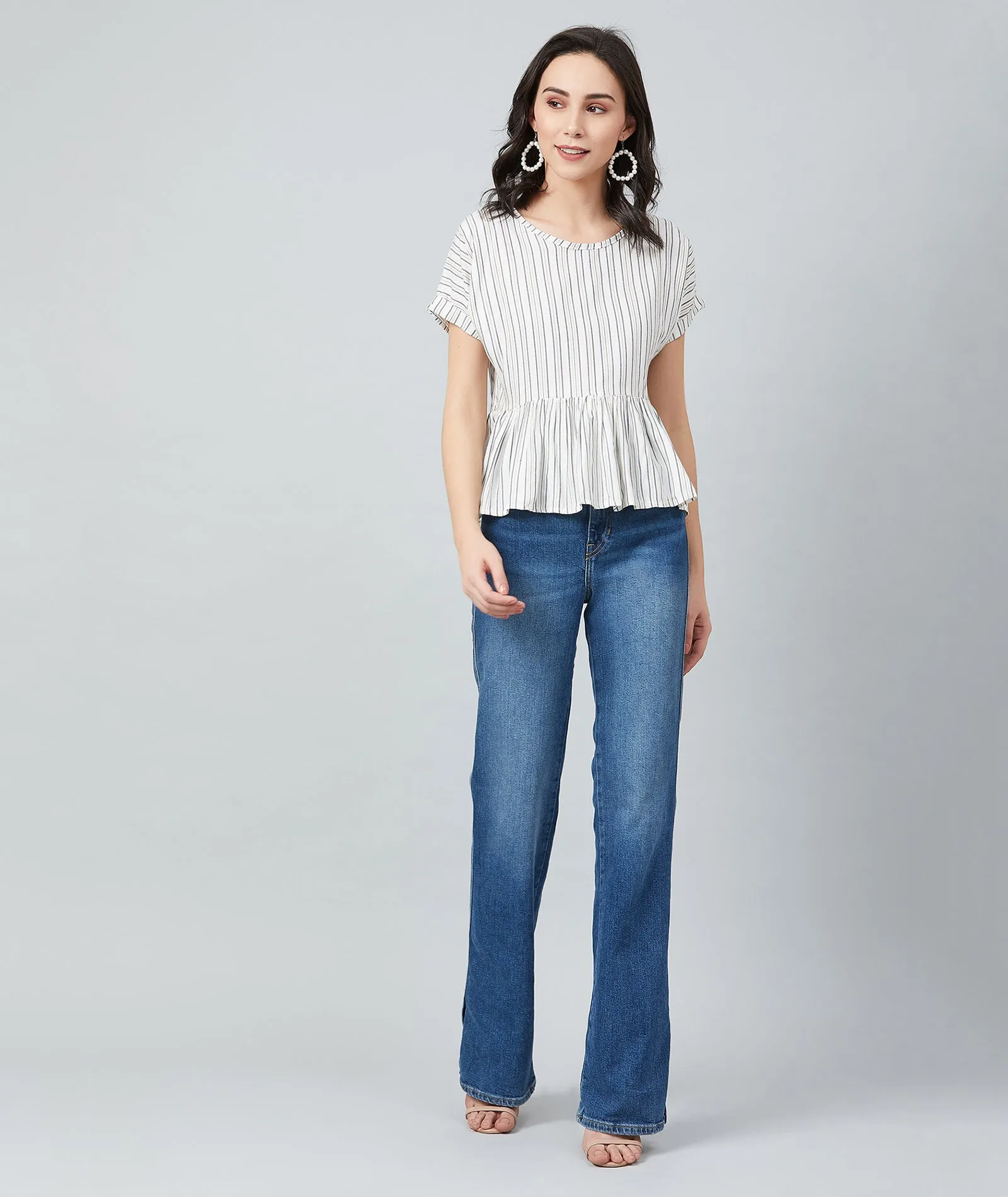 Chimpaaanzee Women White and Yellow Stripe Frill Style Top