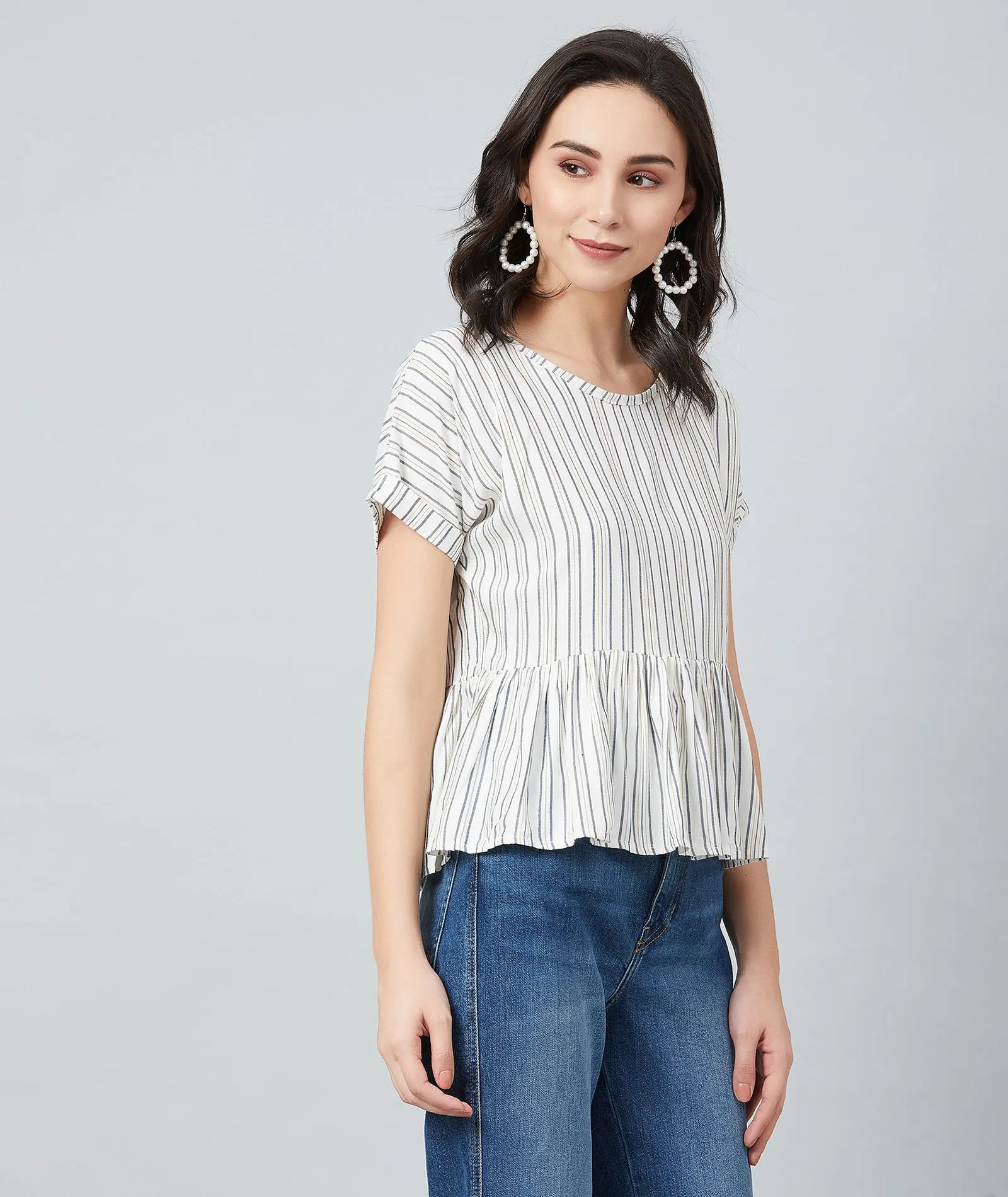 Chimpaaanzee Women White and Yellow Stripe Frill Style Top