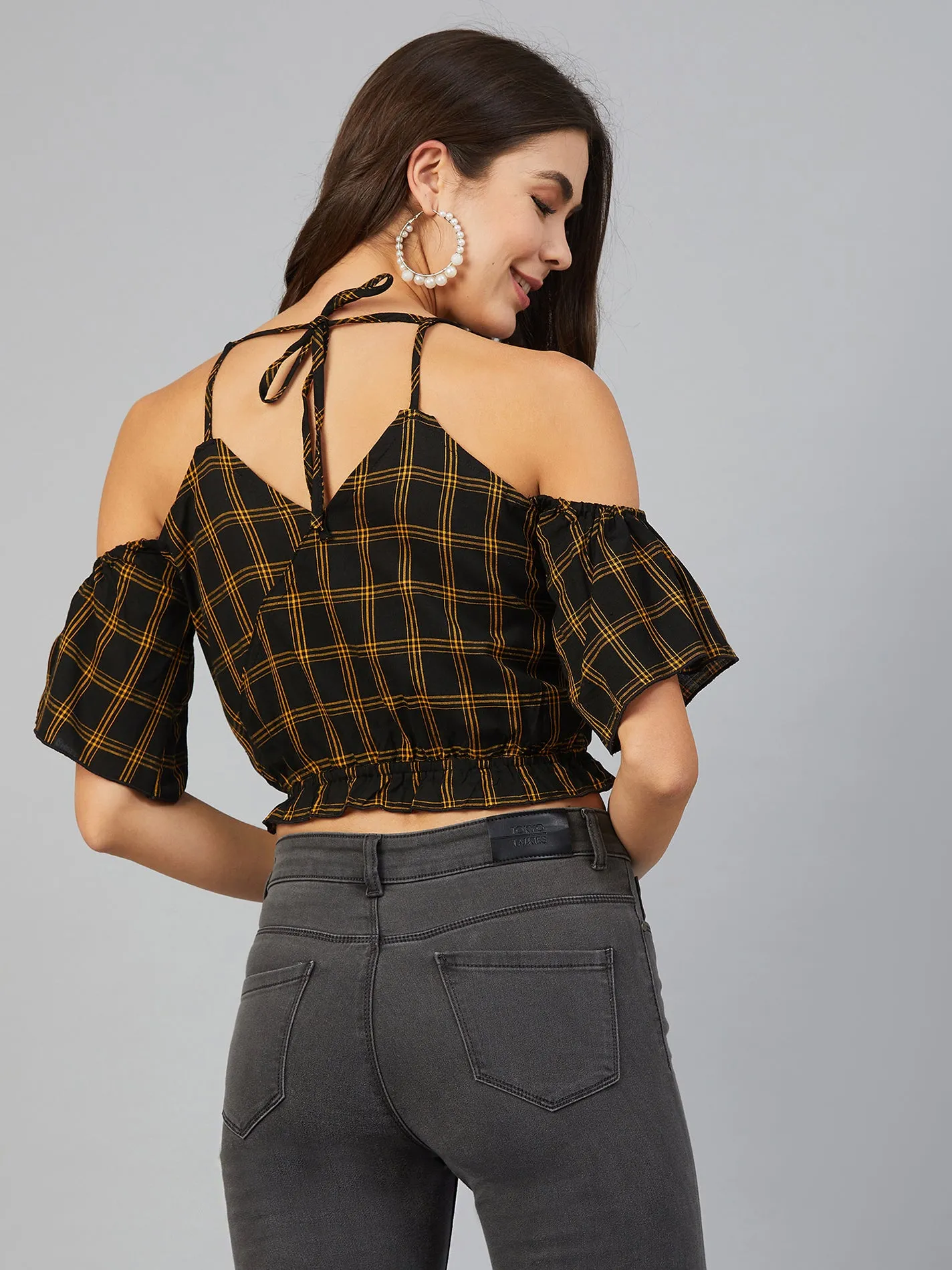 Chimpaaanzee Women Yellow Checks Cold Shoulder Crop Top