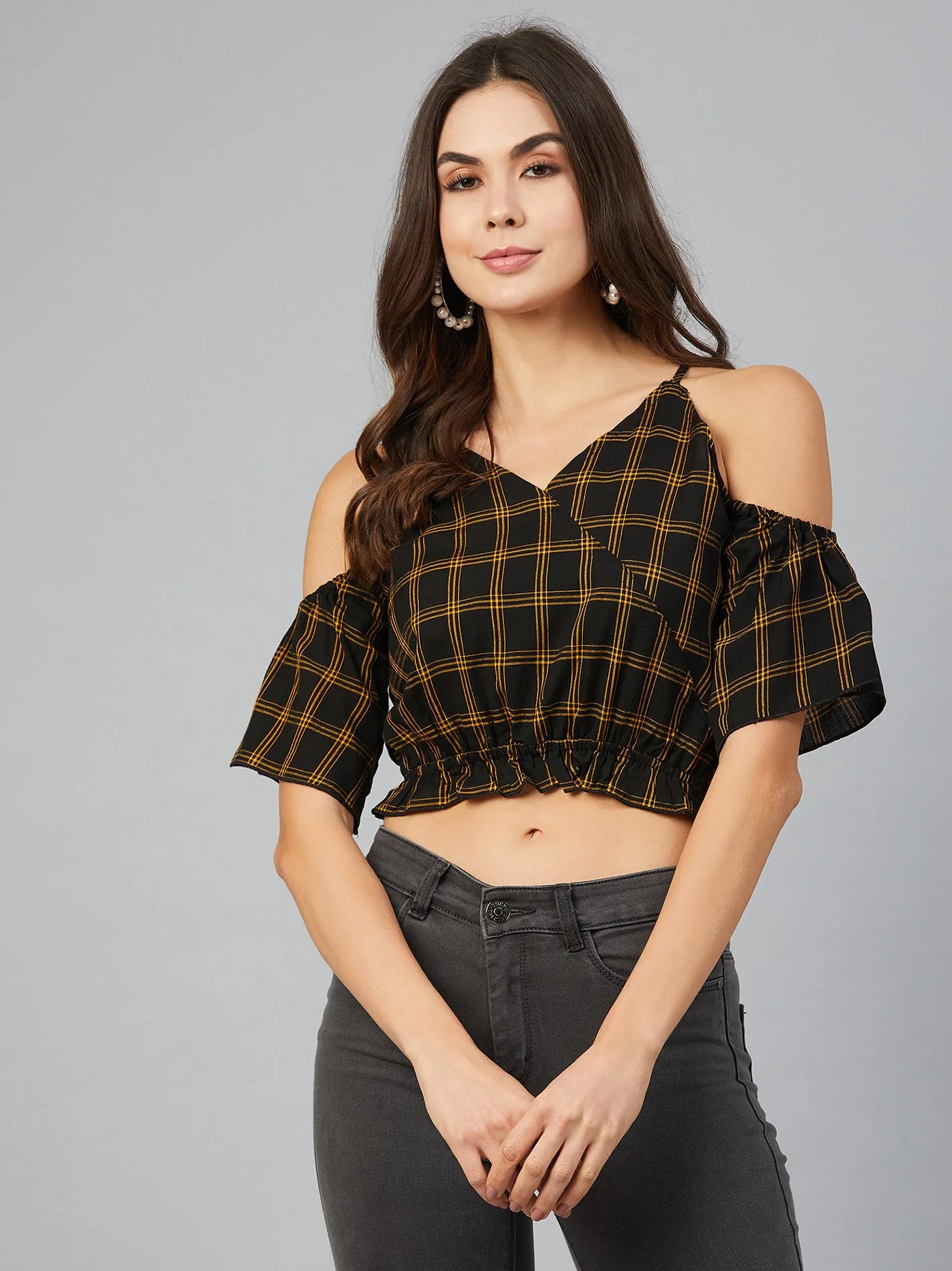 Chimpaaanzee Women Yellow Checks Cold Shoulder Crop Top