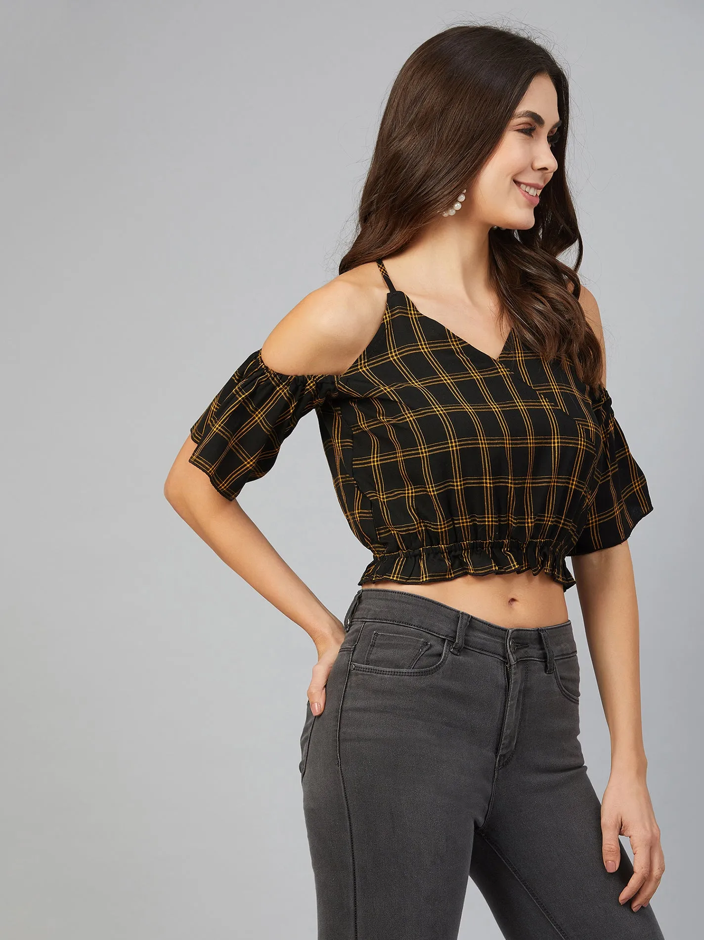 Chimpaaanzee Women Yellow Checks Cold Shoulder Crop Top