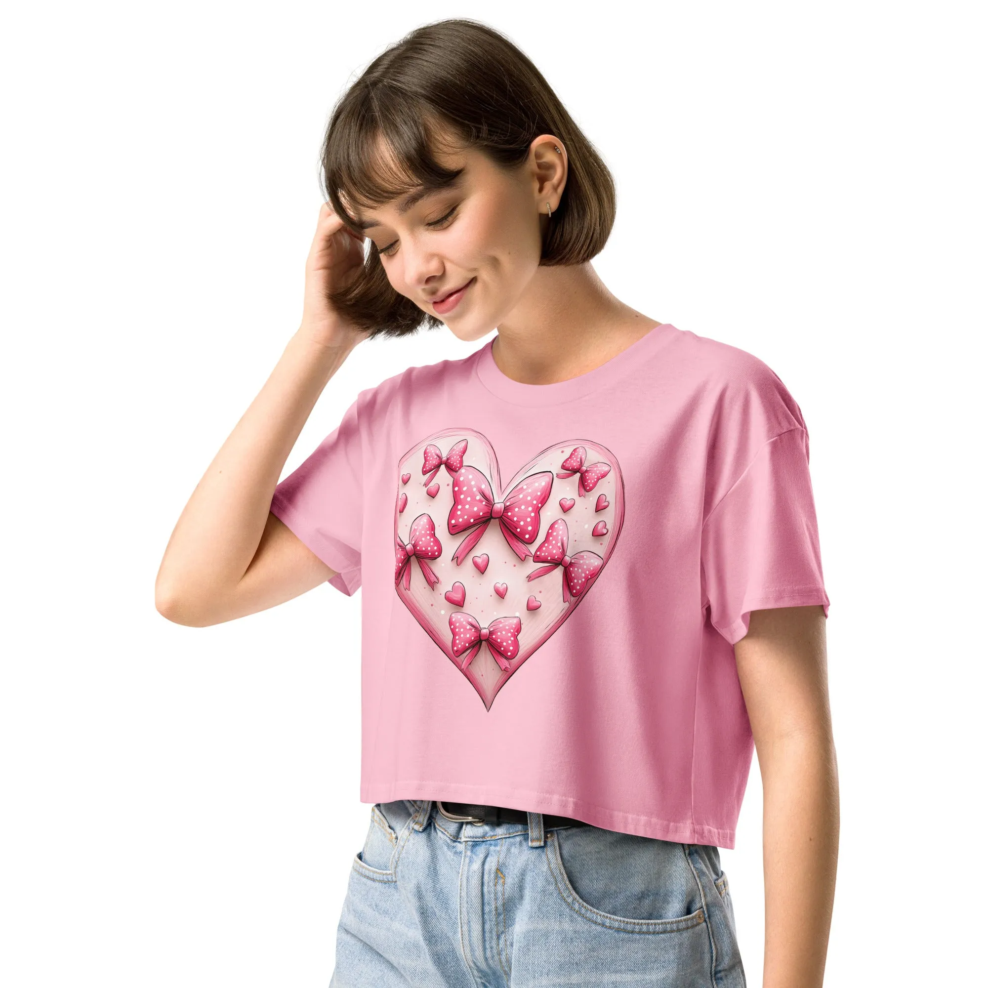 Coquette Heart Pink Heart Bow Crop Top