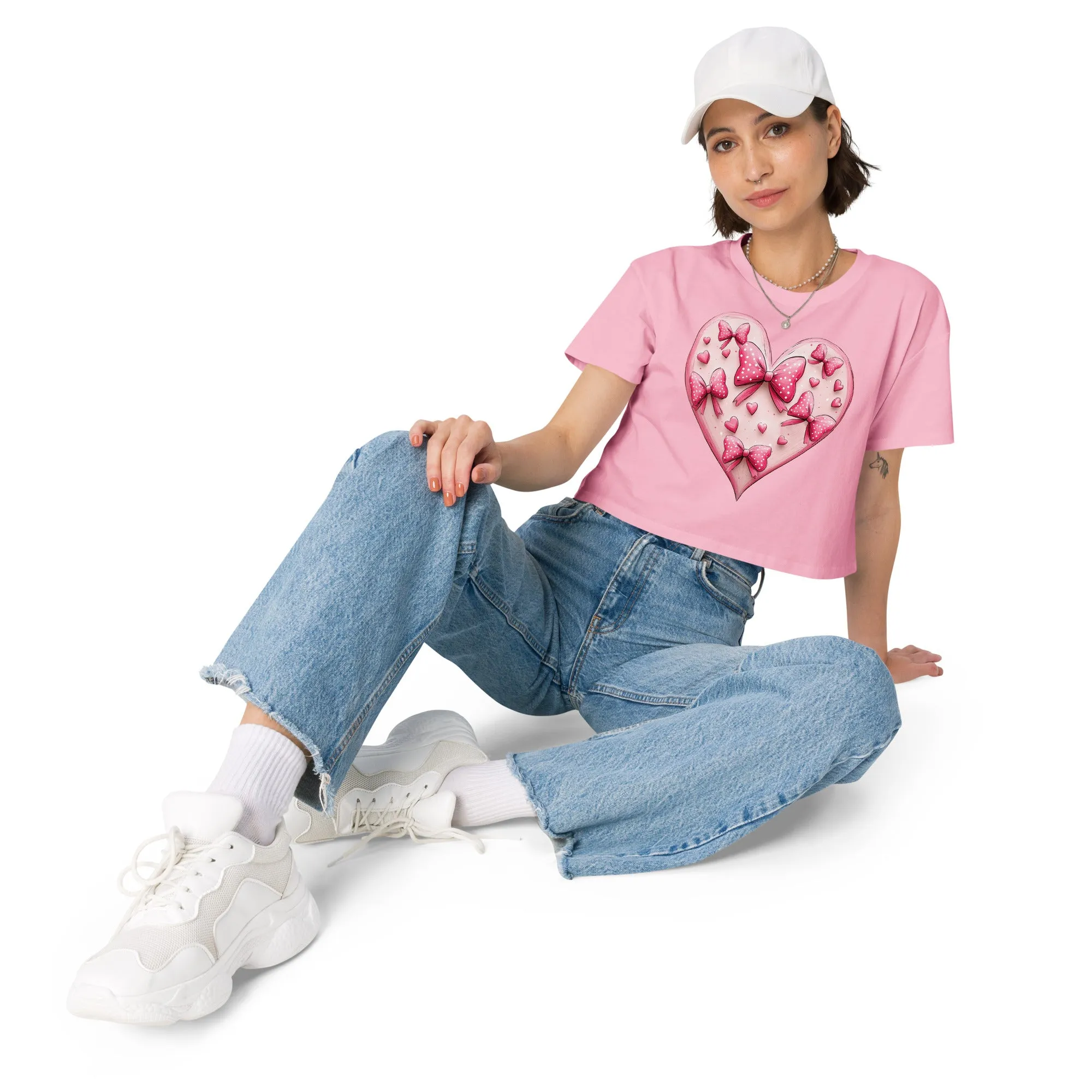 Coquette Heart Pink Heart Bow Crop Top